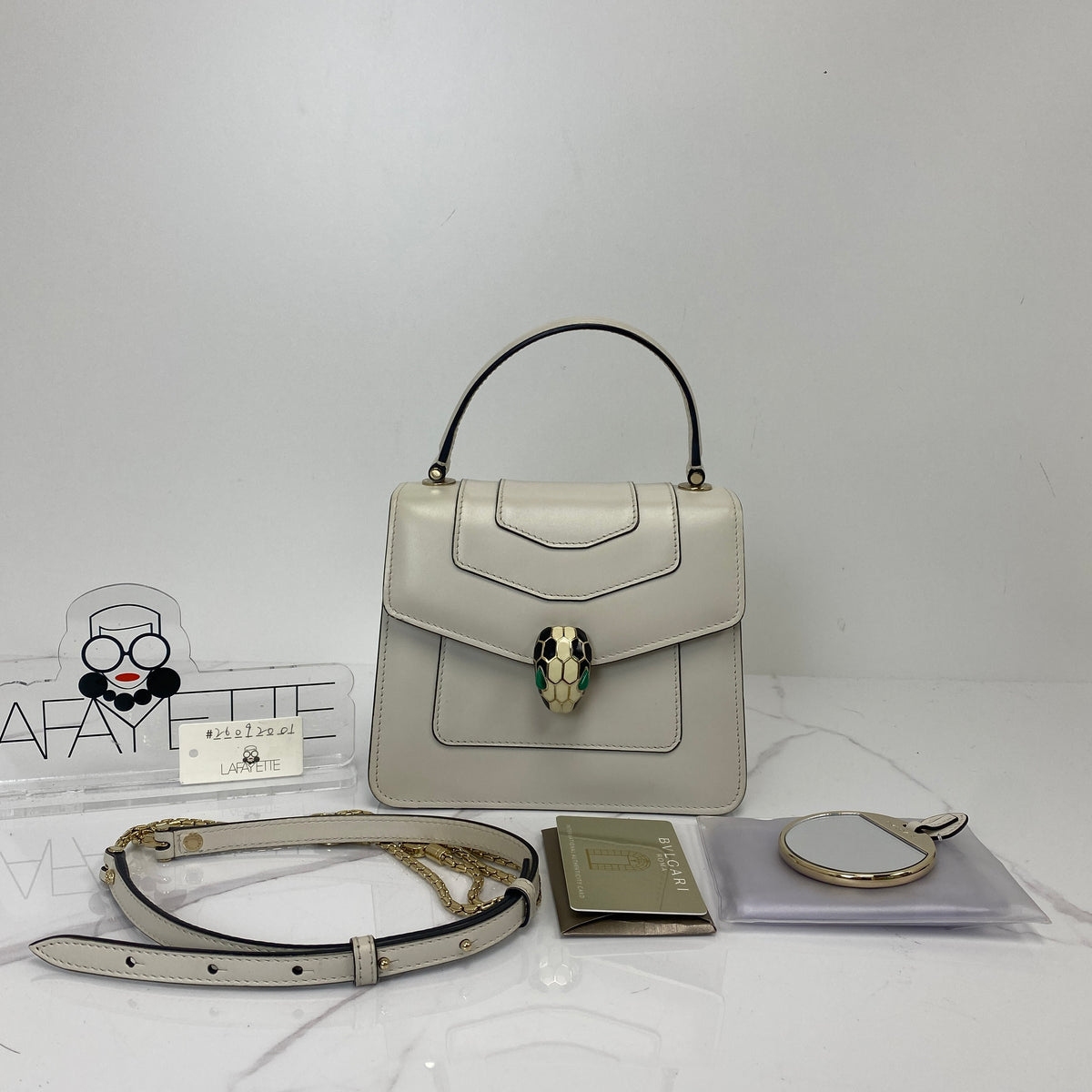 Bvlgari Serpenti Forever Mini Crossbody, White Calfskin, Gold Tone hardware — front view