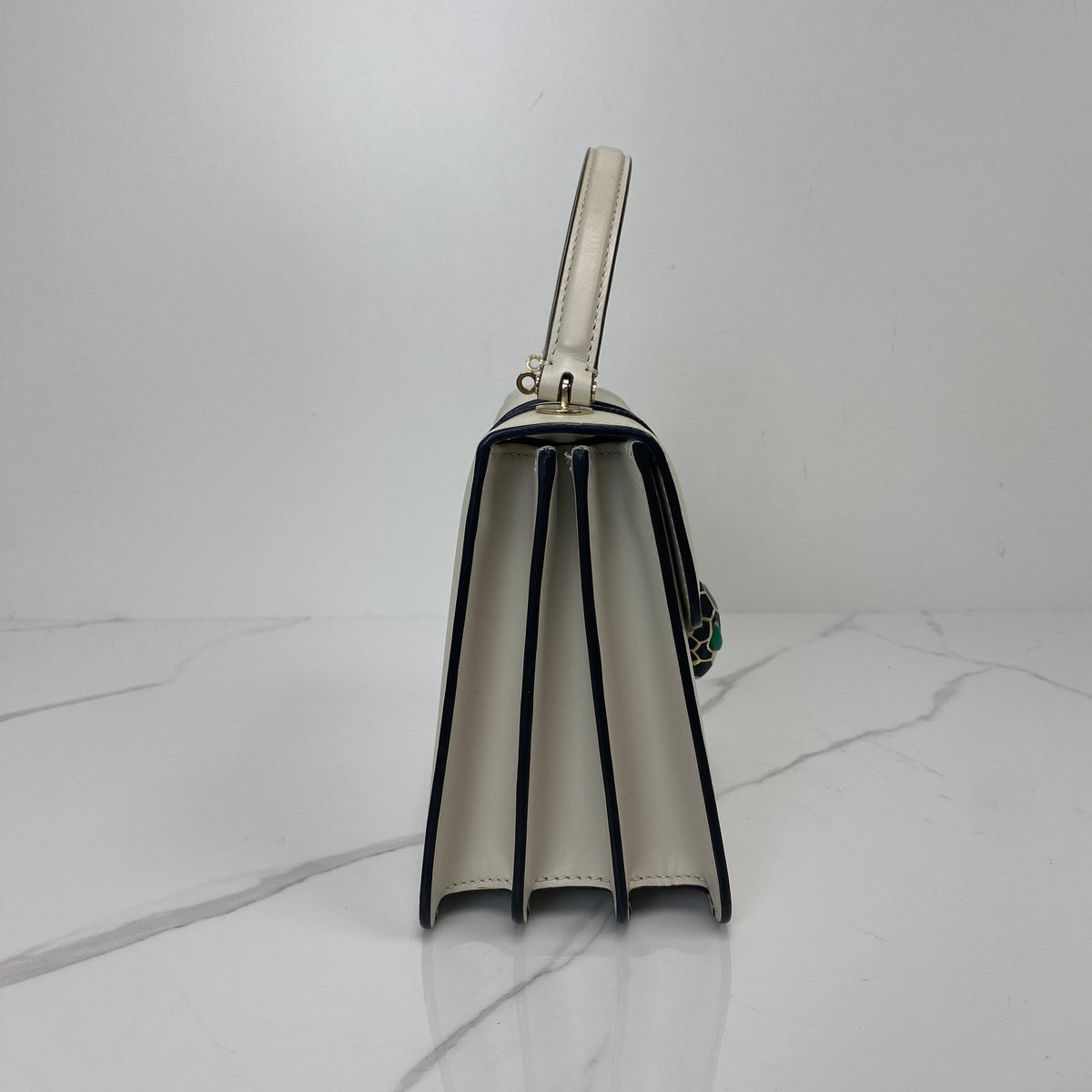 Bvlgari Serpenti Forever Mini Crossbody, White Calfskin, Gold Tone hardware — side view