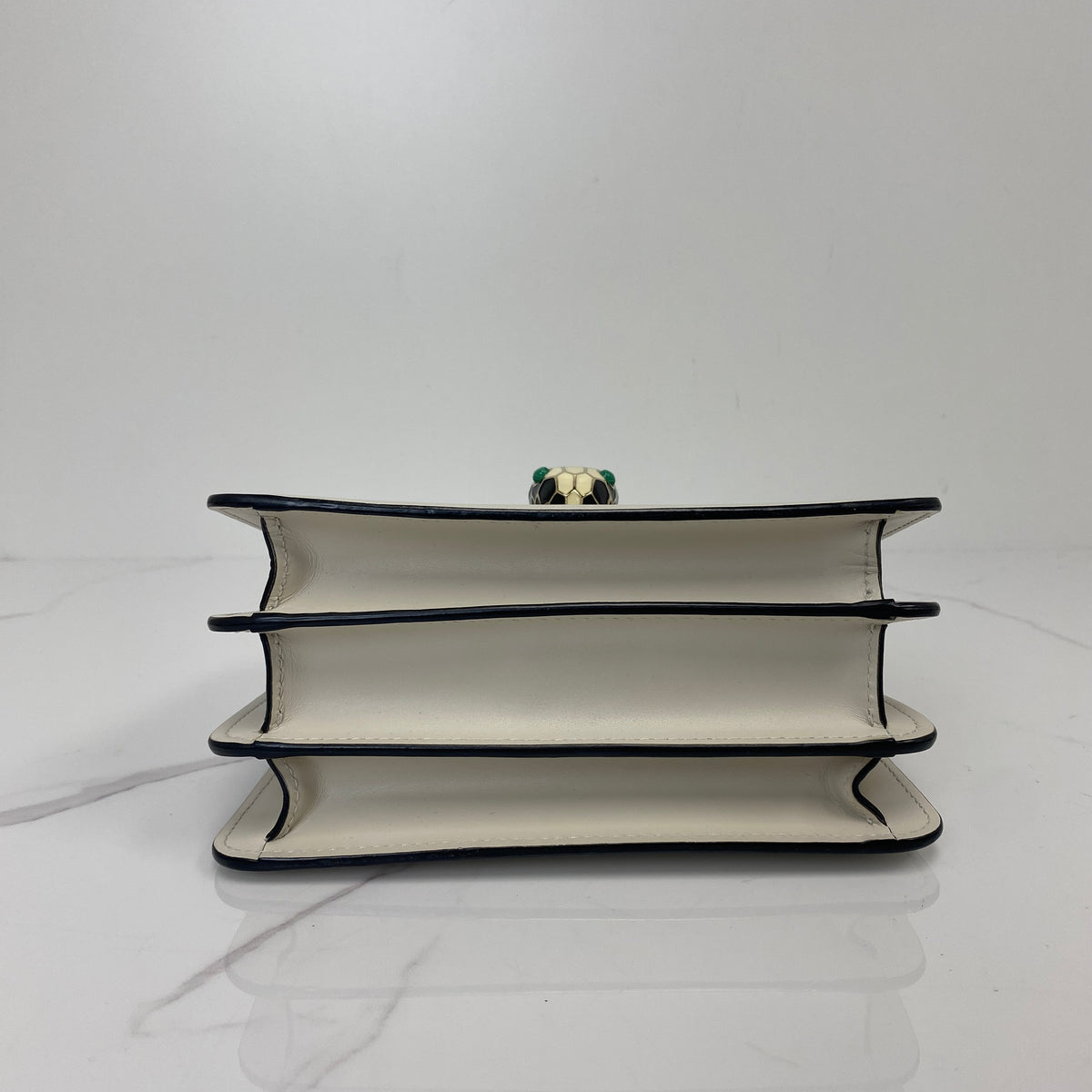Bvlgari Serpenti Forever Mini Crossbody, White Calfskin, Gold Tone hardware — bottom view