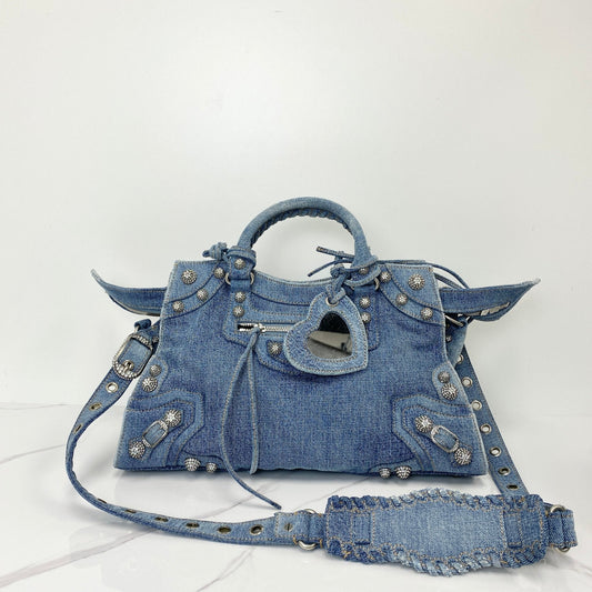 Balenciaga Neo Cagole City Handbag Denim with Rhinestones