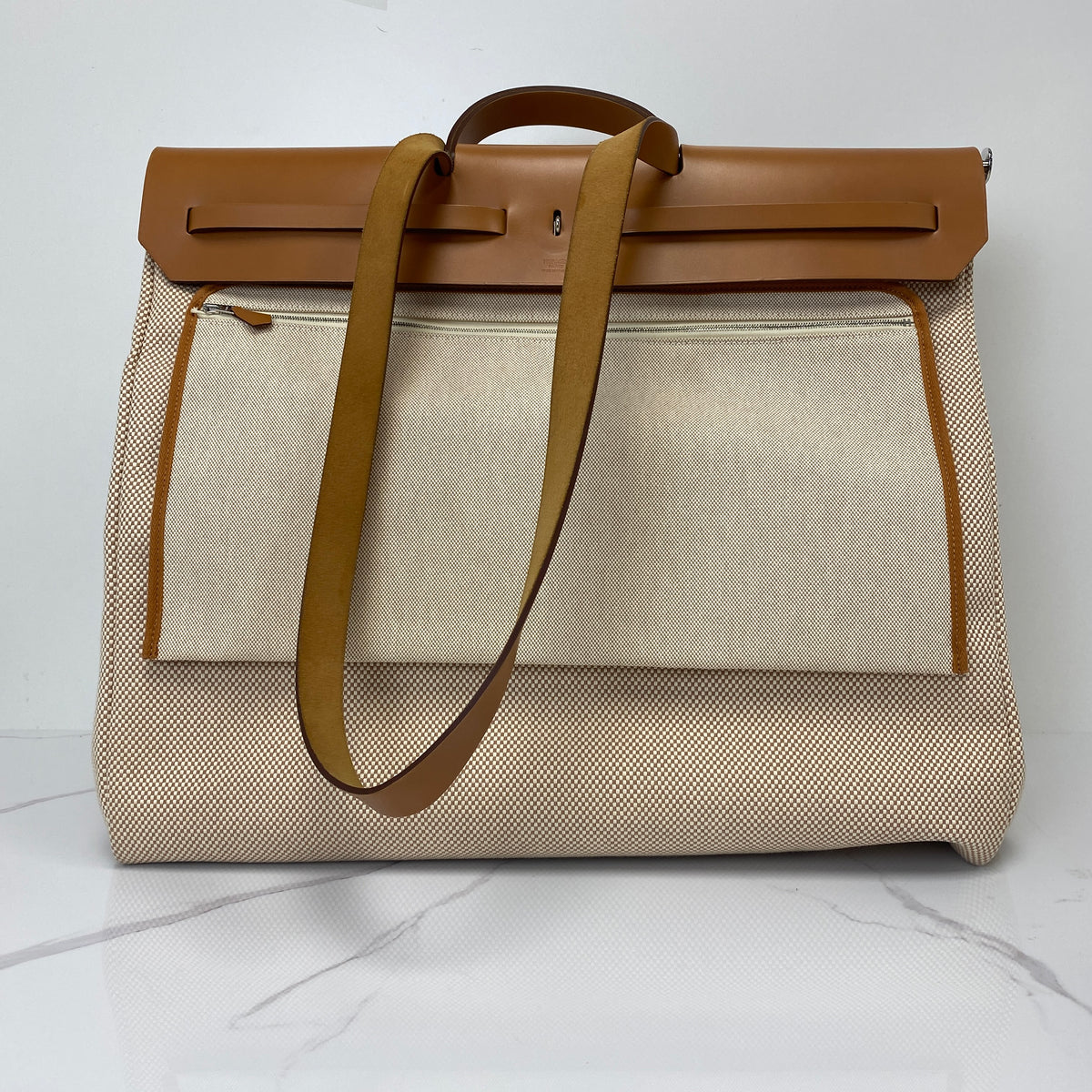 Hermès Herbag Zip Cabine Bag, ecru canvas and natural leather, palladium hardware — detail view 3