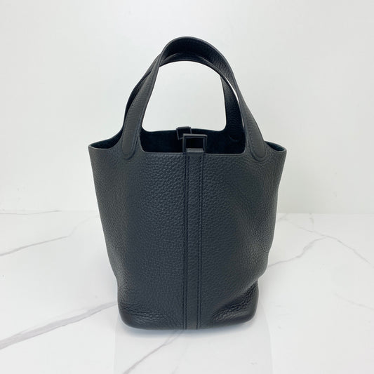 Hermès Picotin 18 bucket bag in Noir Clemence leather with So Black hardware