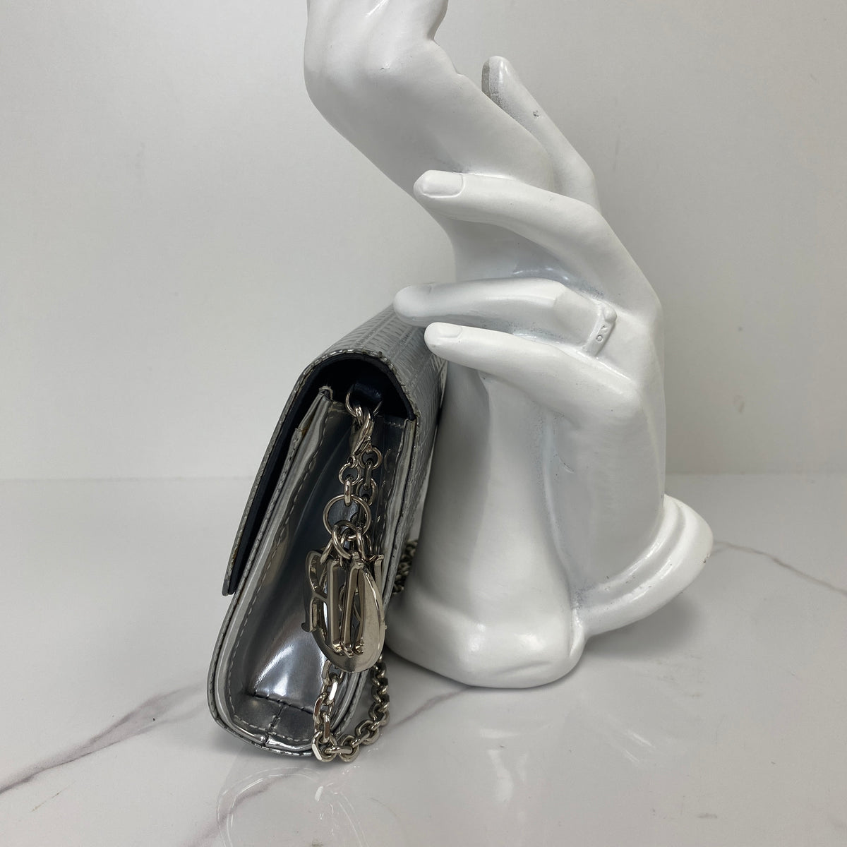 Christian Dior Micro Cannage Croisiere Wallet on Chain, metallic silver calfskin, silver-tone hardware — detail view 2