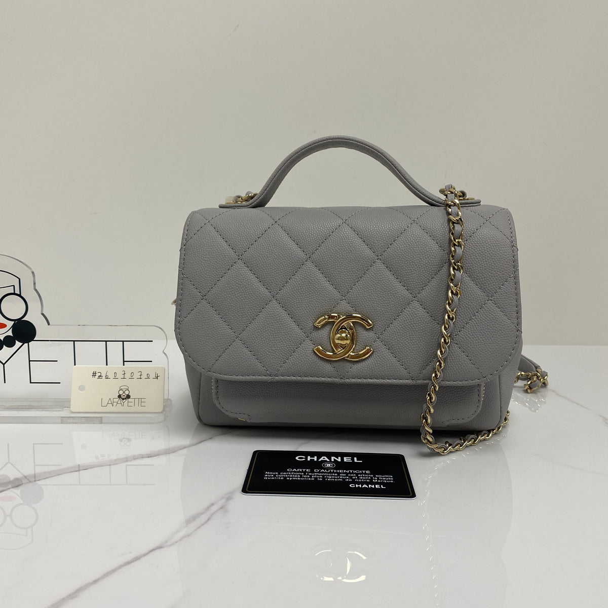 Chanel Small Business Affinity Top Handle, grey grained calfskin, gold-tone hardware — detail view 1