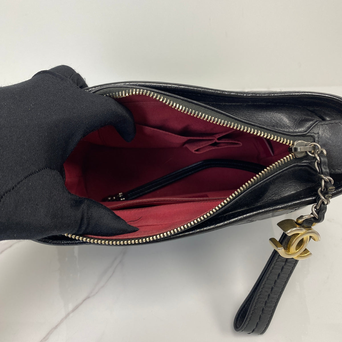 Chanel Small Gabrielle Hobo Bag Black Aged Calfskin, Black Aged Calfskin, Mixed Gold and Silver Tone — detail view 5