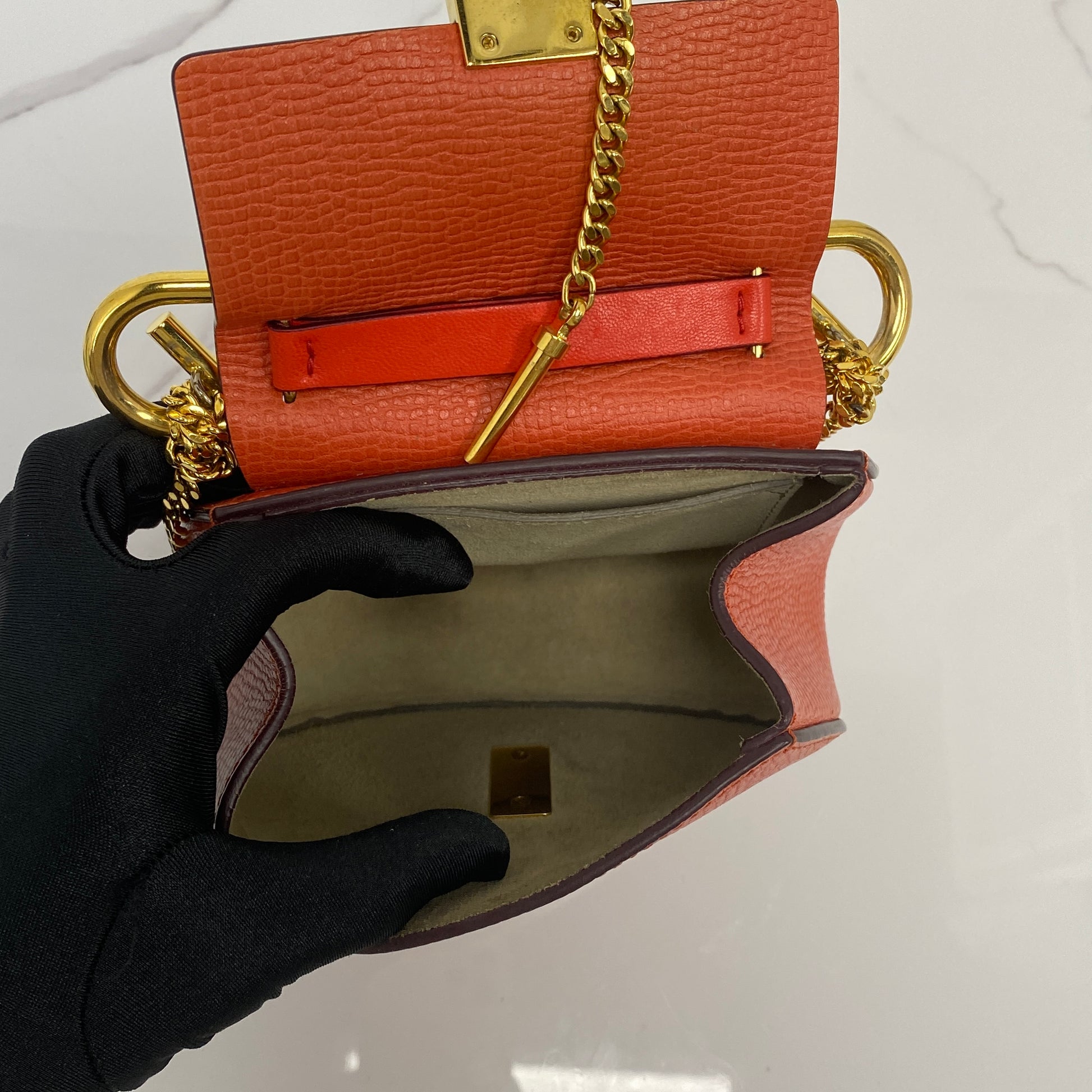 Chloé Nano Drew Bag, orange grained lambskin, gold-tone hardware — detail view 5