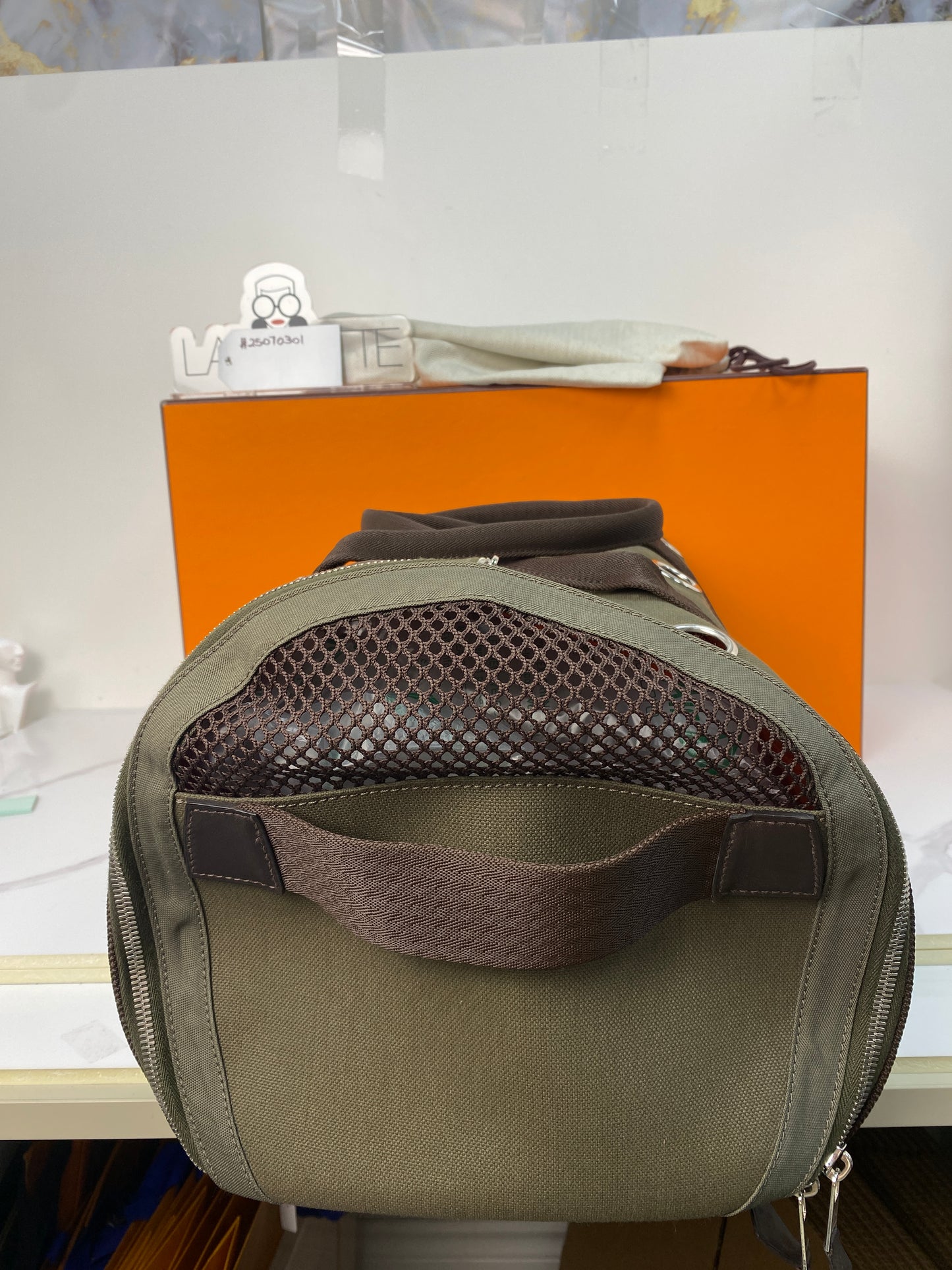 Hermès Carrying Bag for Dog, khaki and feu technical canvas, palladium hardware — detail view 2
