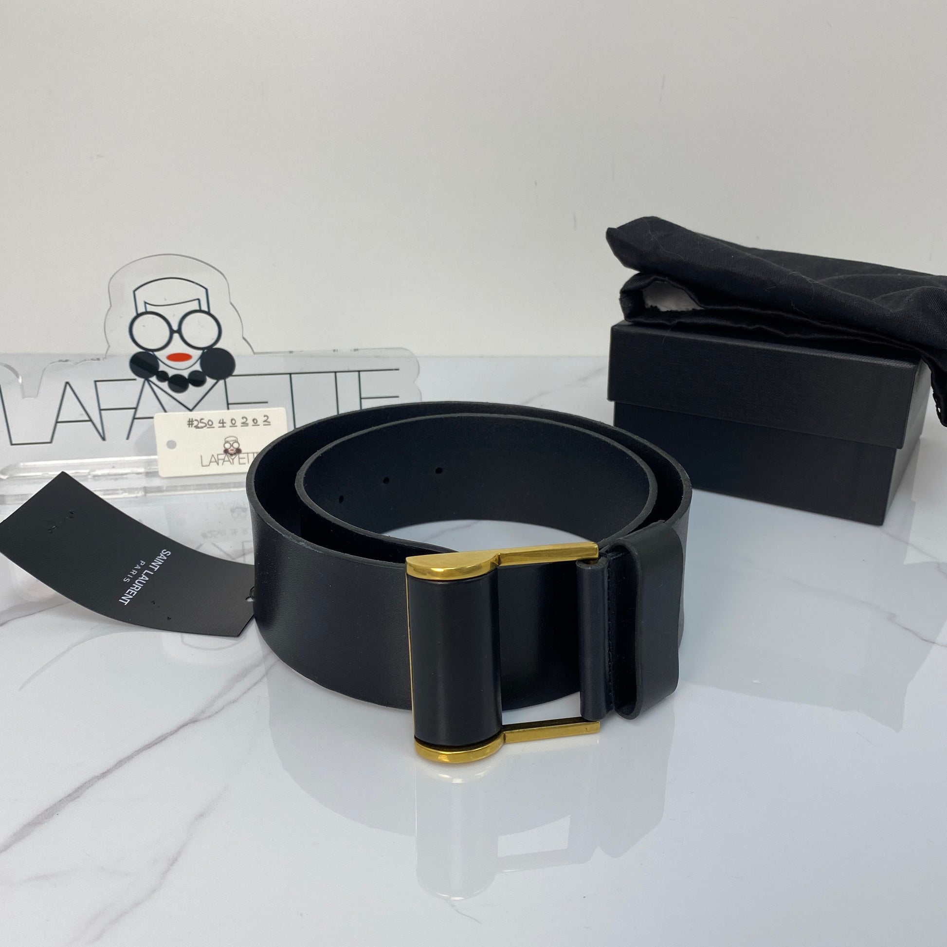 Saint Laurent Belt, black calfskin, antique gold-tone buckle — detail view 1