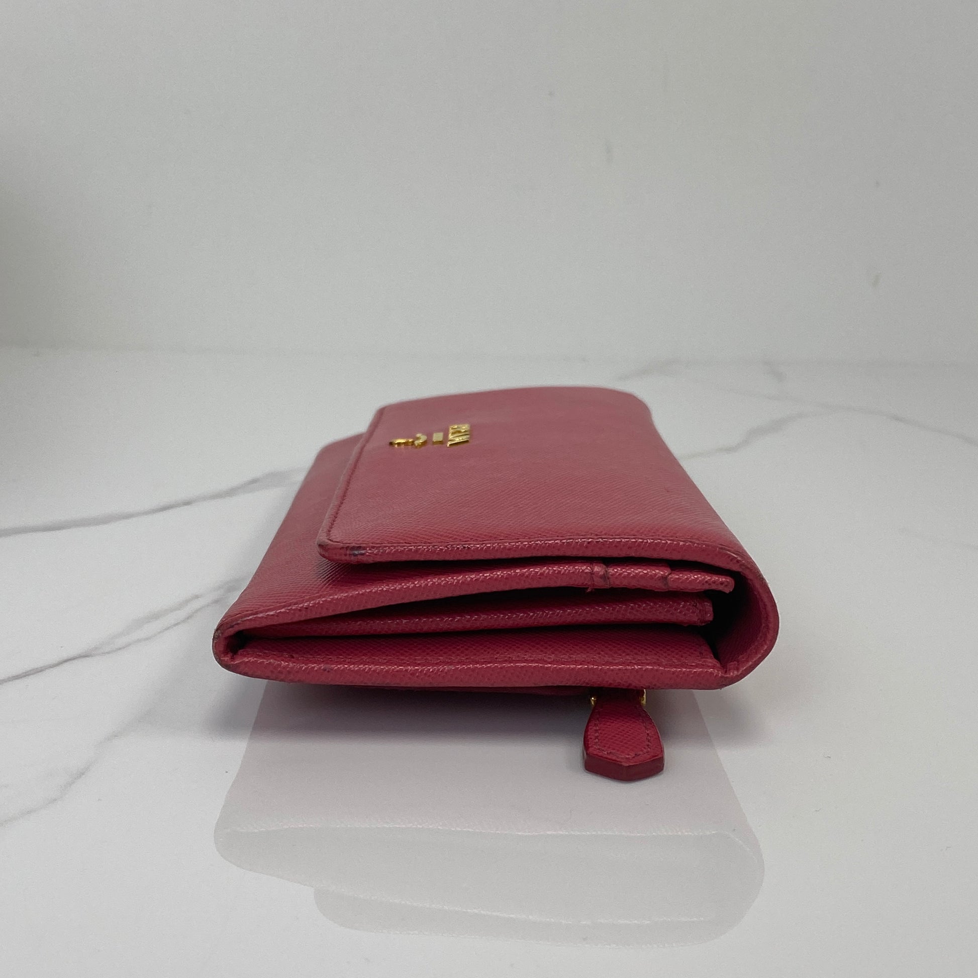 Prada Saffiano Lux Leather Wallet, pink Saffiano calfskin, gold-tone hardware — detail view 3