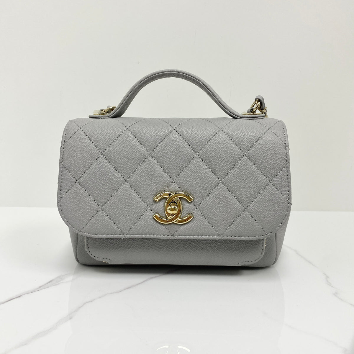 Chanel Small Business Affinity Top Handle, grey grained calfskin, gold-tone hardware — front view