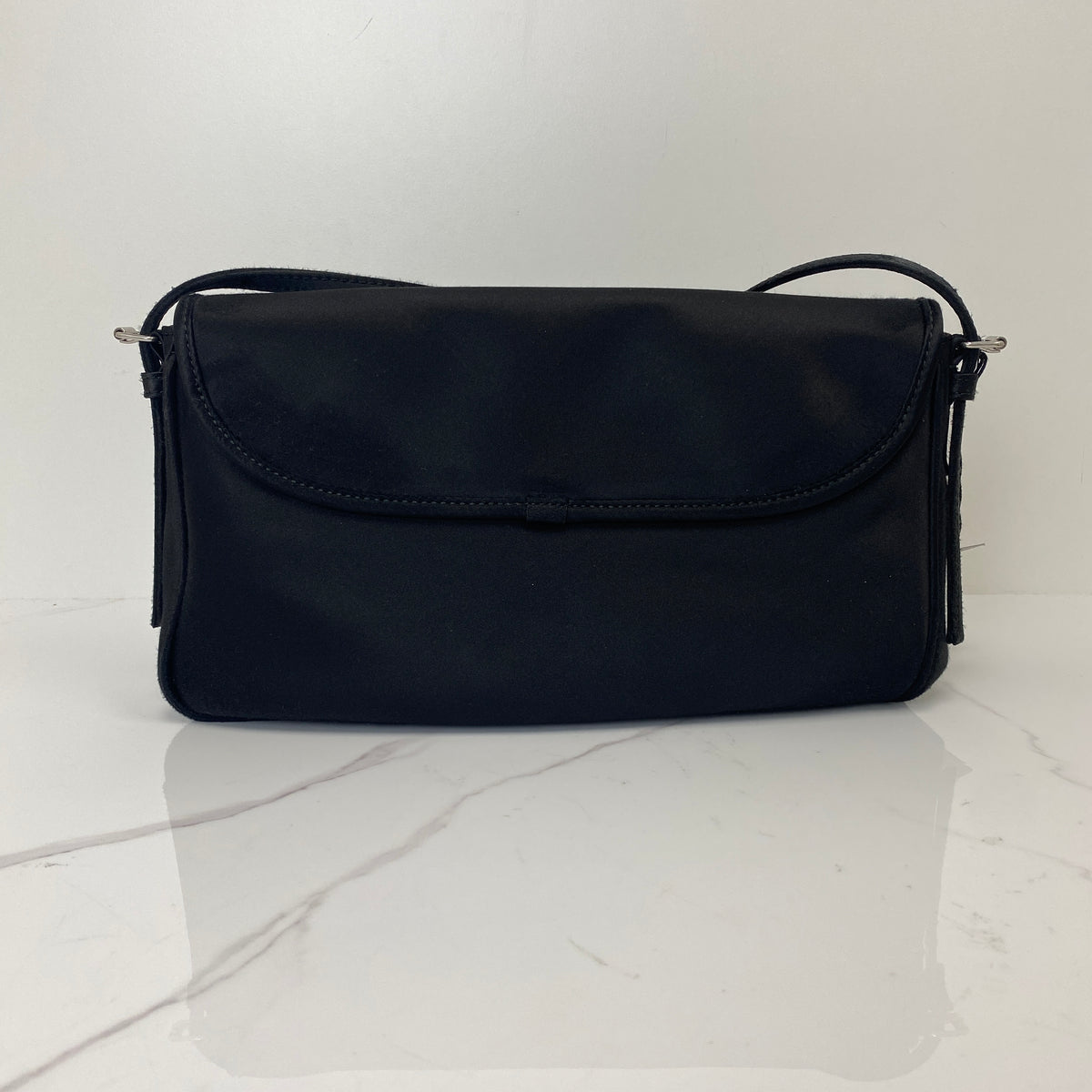 Balenciaga Leopolda Pochette Black, Black Distressed Satin, Silver Tone — detail view 3