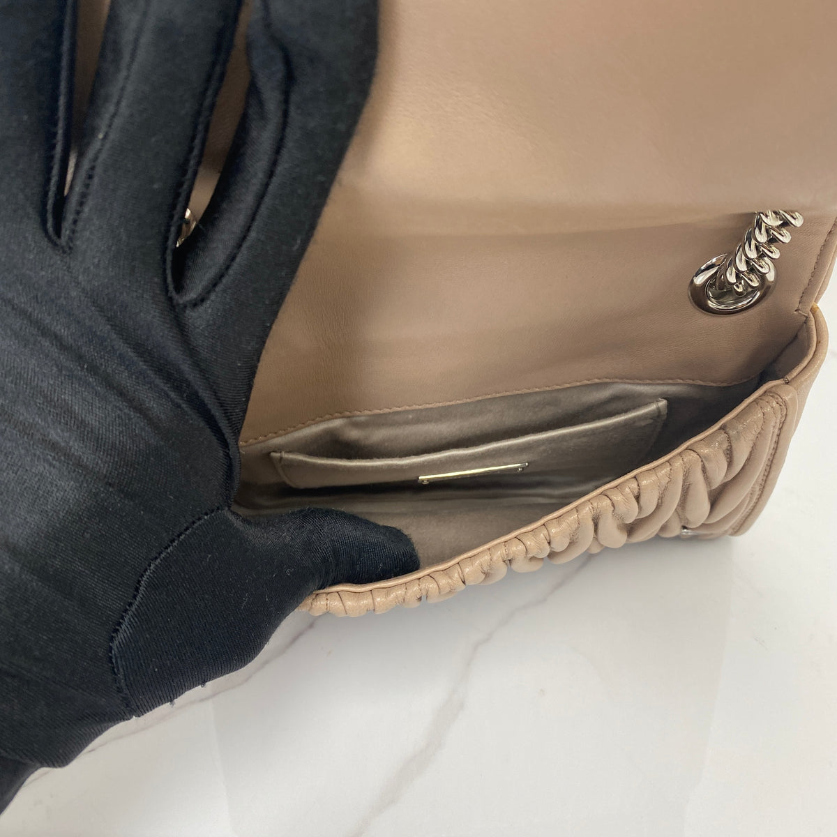 Miu Miu Nappa Matelasse Chain Bag, nude pink matelassé nappa lambskin, silver-tone chain — detail view 5