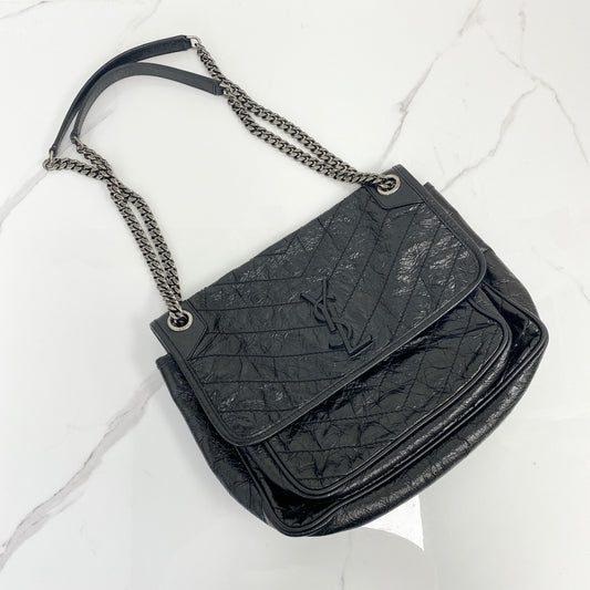Saint Laurent Medium Niki Black Crinkled Calfskin, Black Crinkled Calfskin, Antique Silver Tone — front view