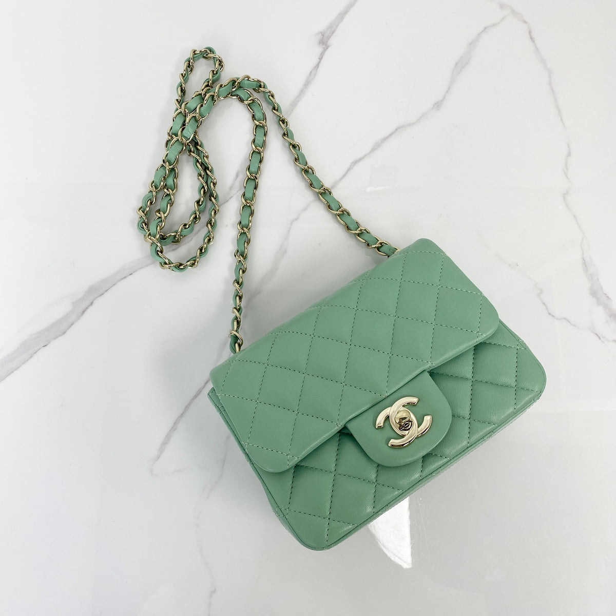 Chanel Classic Mini Flap Bag, mint green lambskin, gold-tone hardware — front view