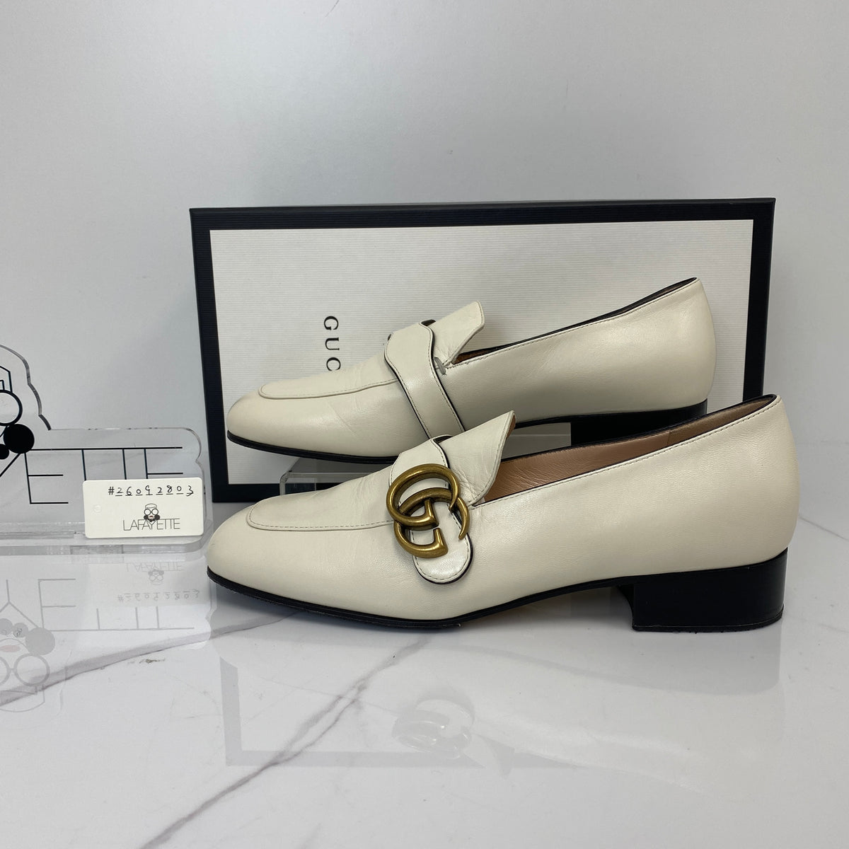 Gucci Double G Loafers White, White Leather, Gold Tone — detail view 1