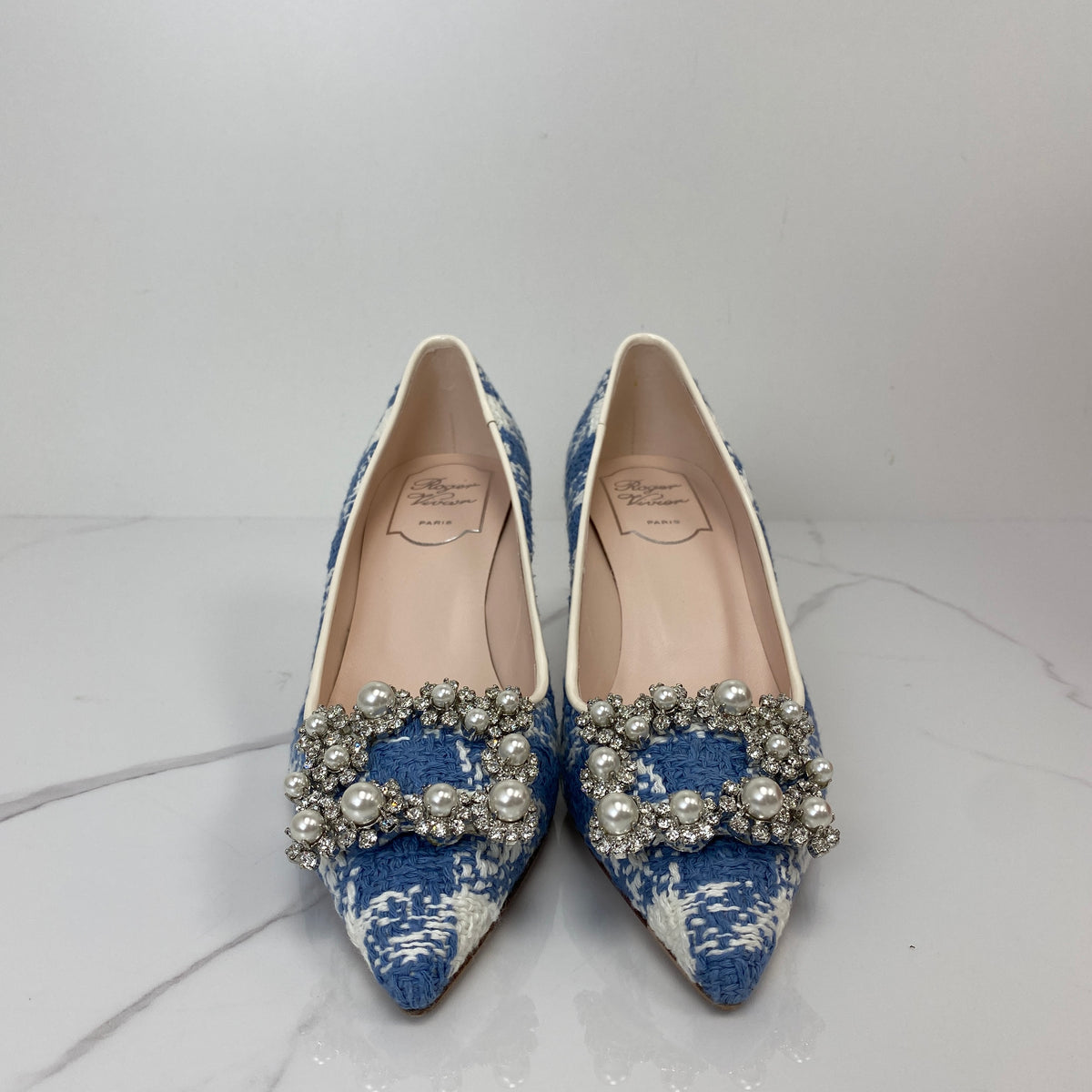 Roger Vivier Flower Strass Pumps, blue and white tweed, crystal buckle — detail view 3
