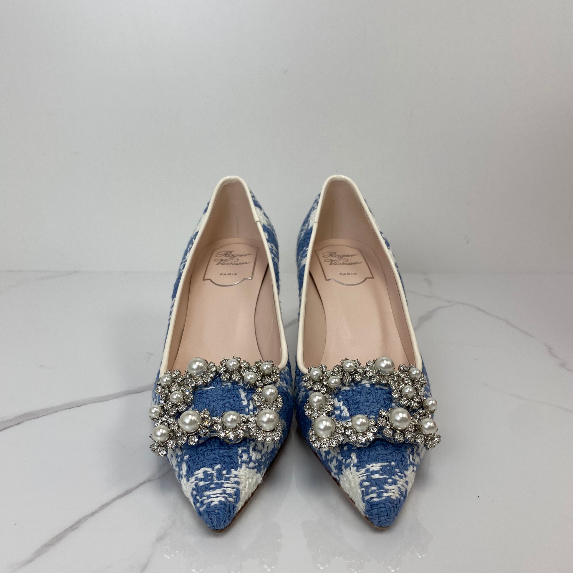 Roger Vivier Flower Strass Pumps, blue and white tweed, crystal buckle — detail view 3