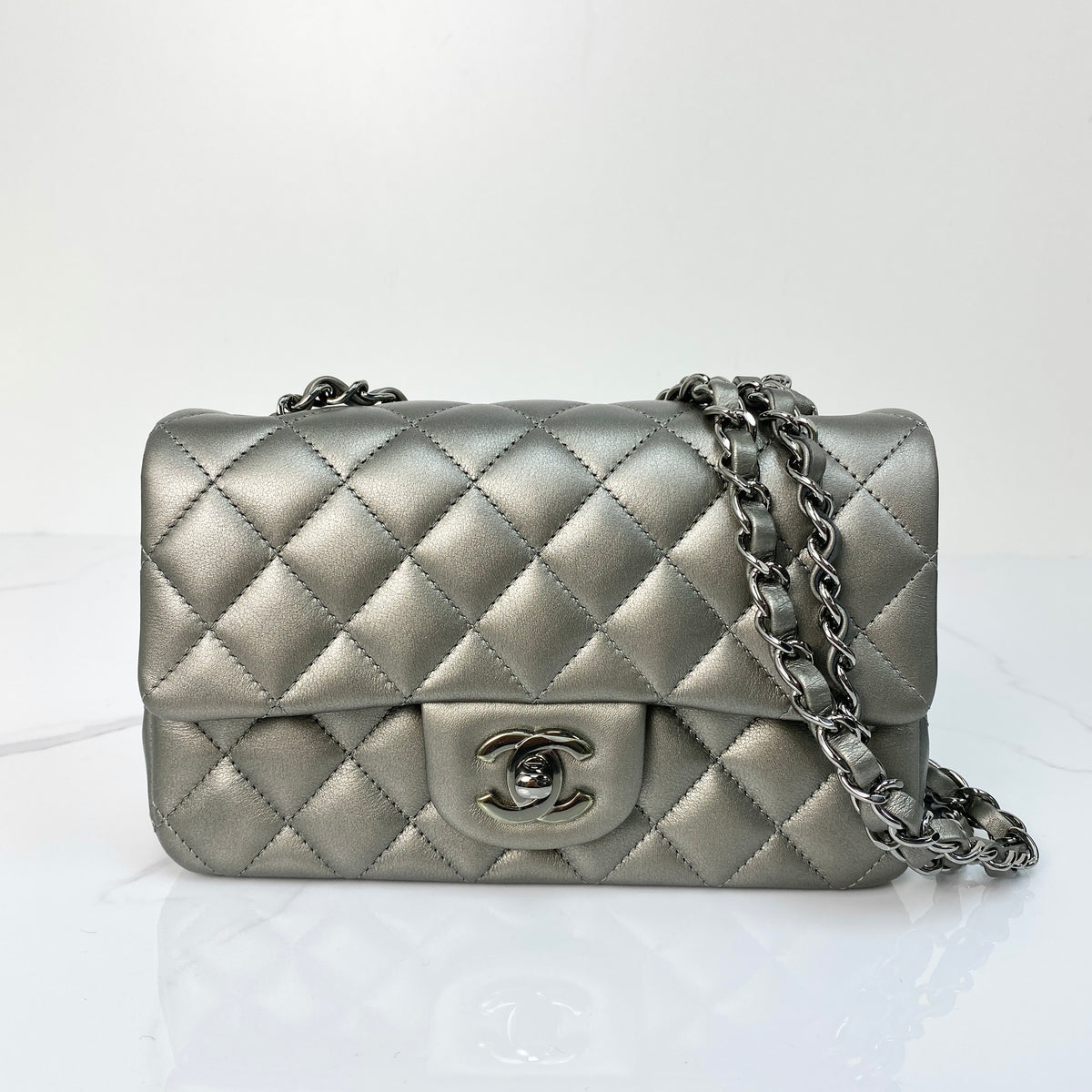 Chanel Mini Rectangular Flap, metallic grey goatskin, ruthenium hardware — front view