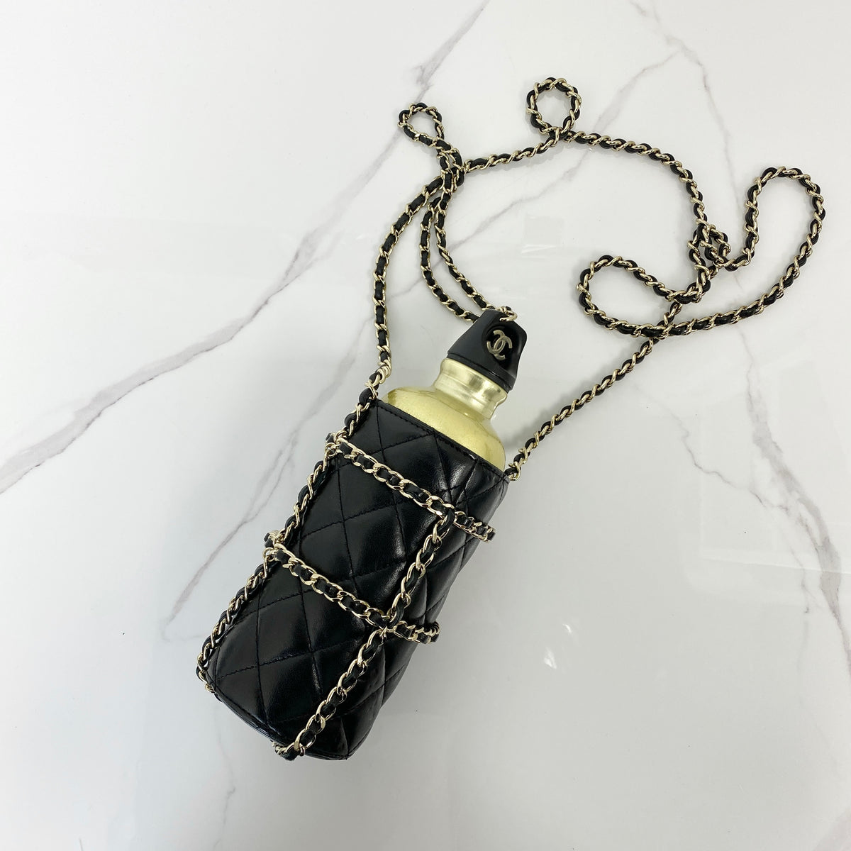 Chanel 2019 CC Water Bottle with Chain, black quilted lambskin, gold-tone chain — front view