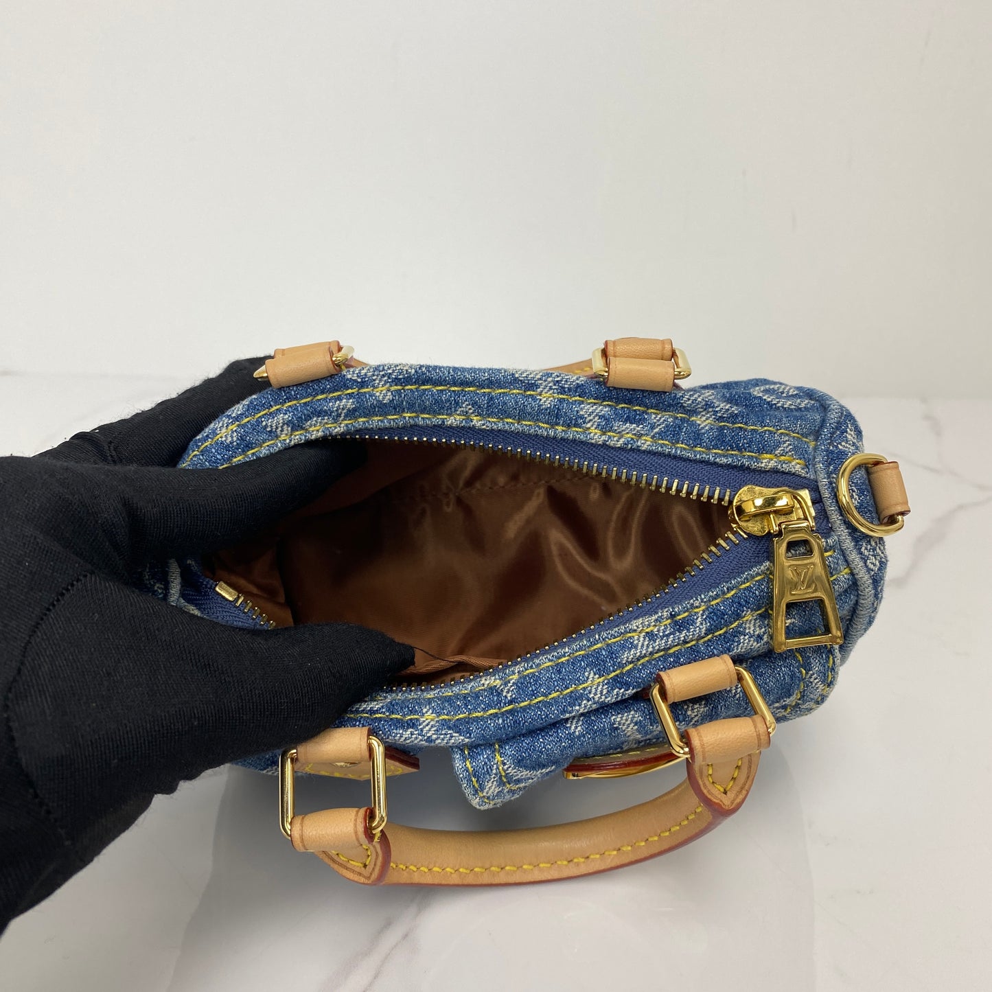 Interior of the Louis Vuitton Monogram Denim Nano Speedy