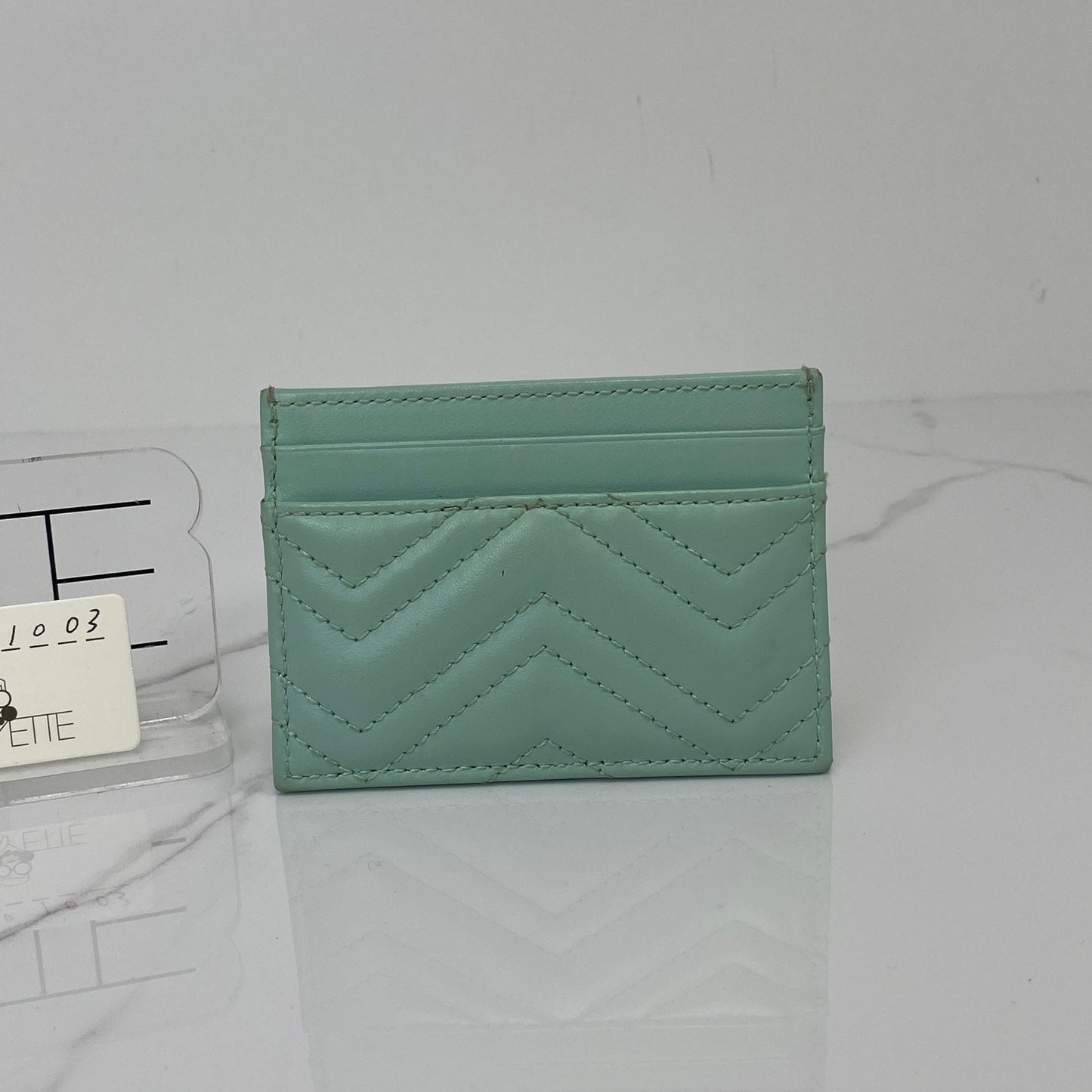 Gucci GG Marmont Card Case, light green calfskin, silver-tone hardware — detail view 2