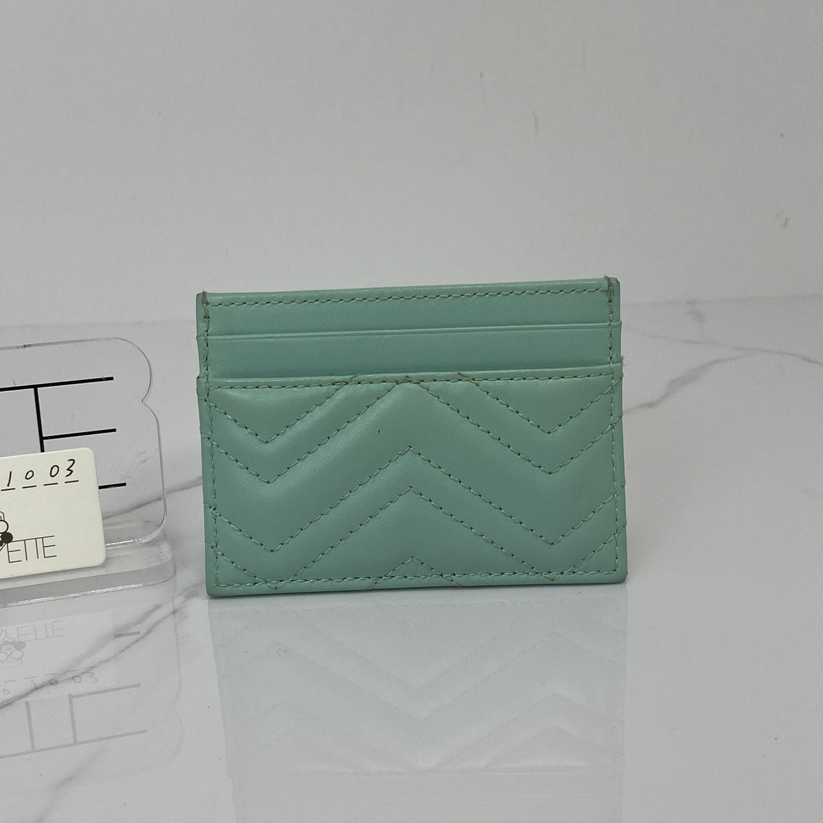 Gucci GG Marmont Card Case, light green calfskin, silver-tone hardware — detail view 2