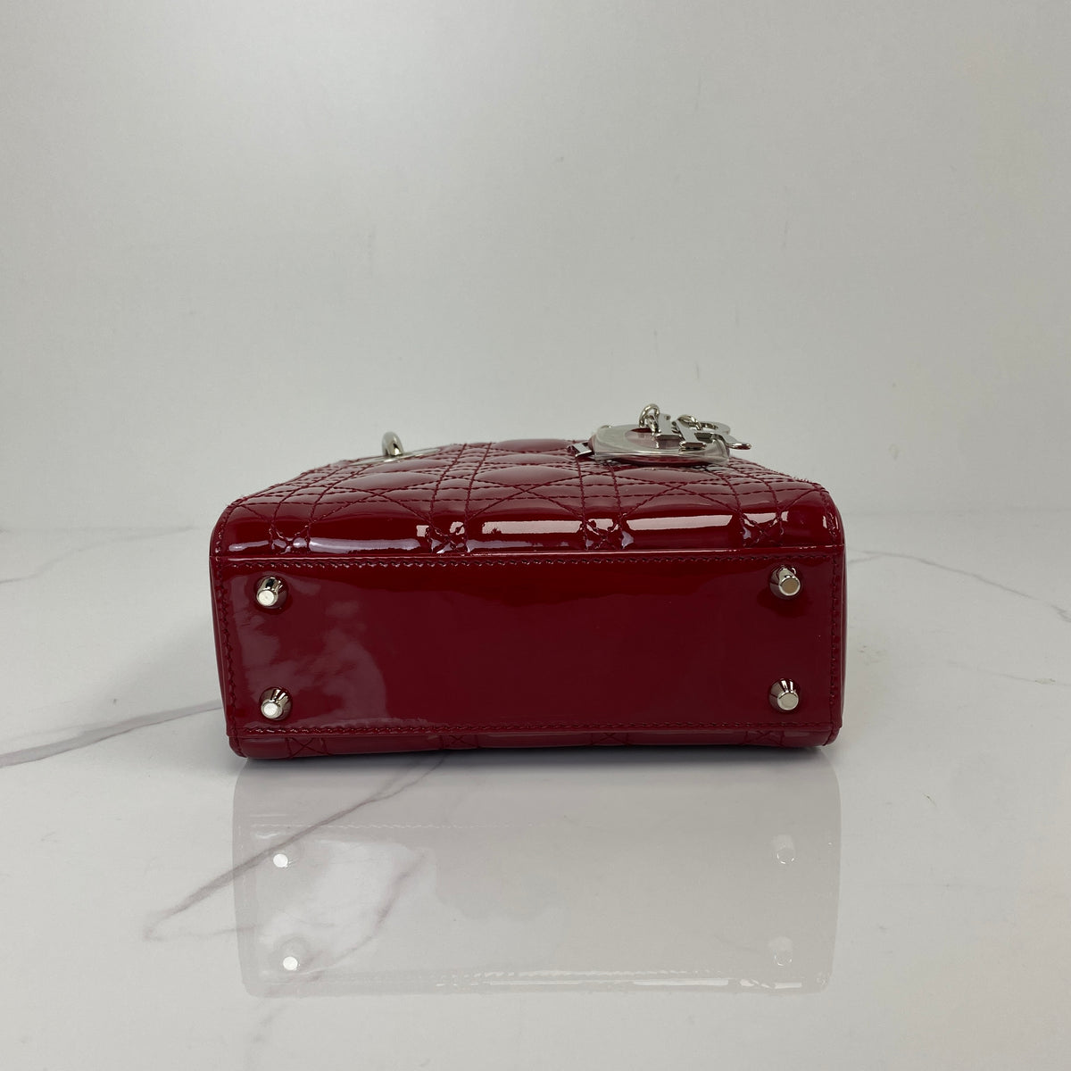Christian Dior Mini Lady Dior Bag, cherry red patent Cannage calfskin, silver-tone hardware — detail view 4
