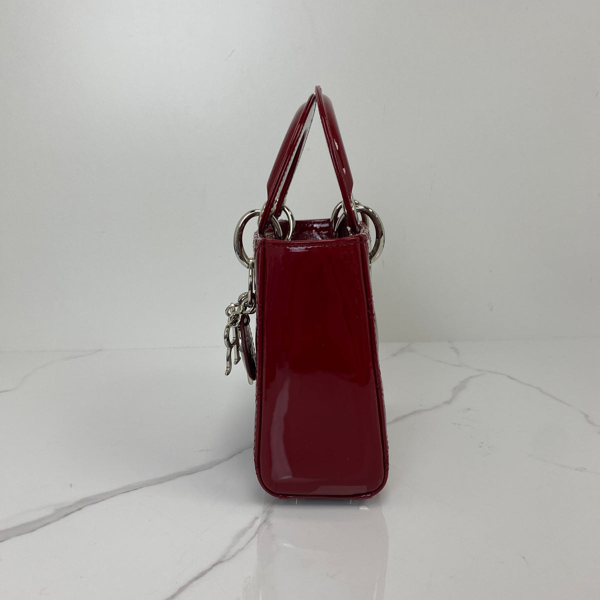 Christian Dior Mini Lady Dior Bag, cherry red patent Cannage calfskin, silver-tone hardware — detail view 3