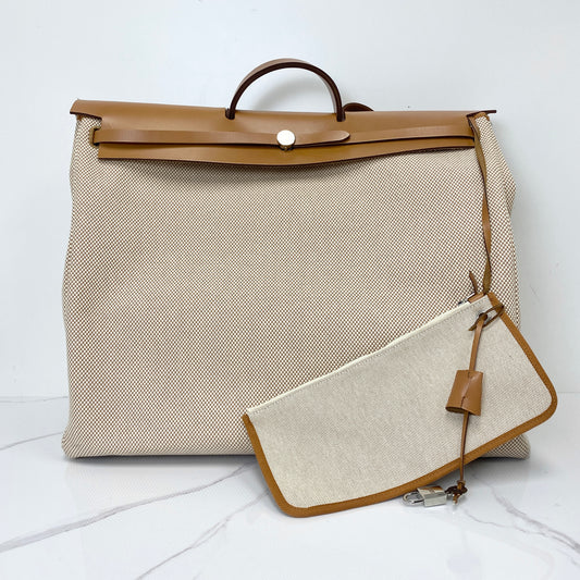 Hermès Herbag Zip Cabine Bag, ecru canvas and natural leather, palladium hardware — front view