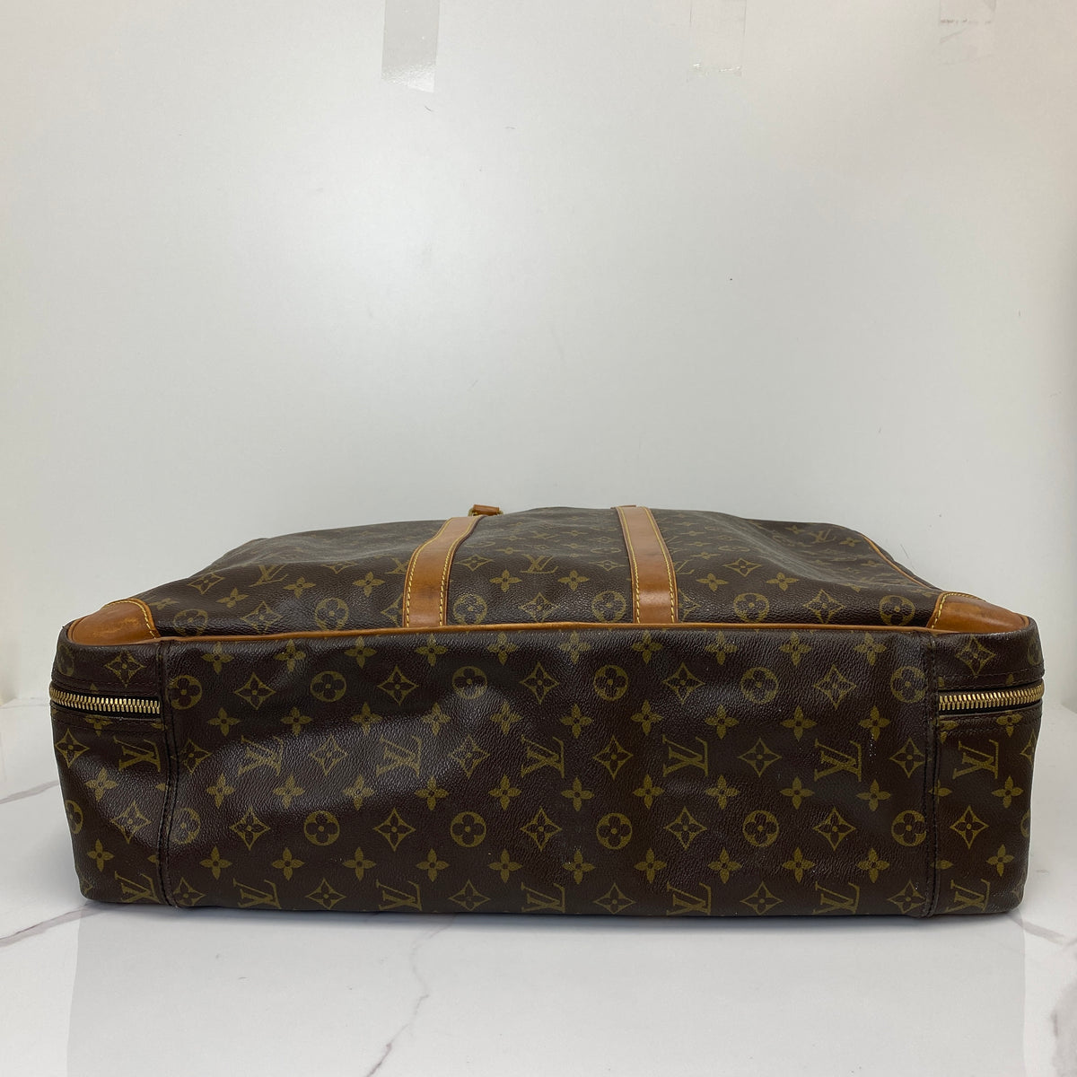 Louis Vuitton Monogram Sirius 55 Vintage Luggage Bag, brown Monogram canvas, Vachetta trim — detail view 4