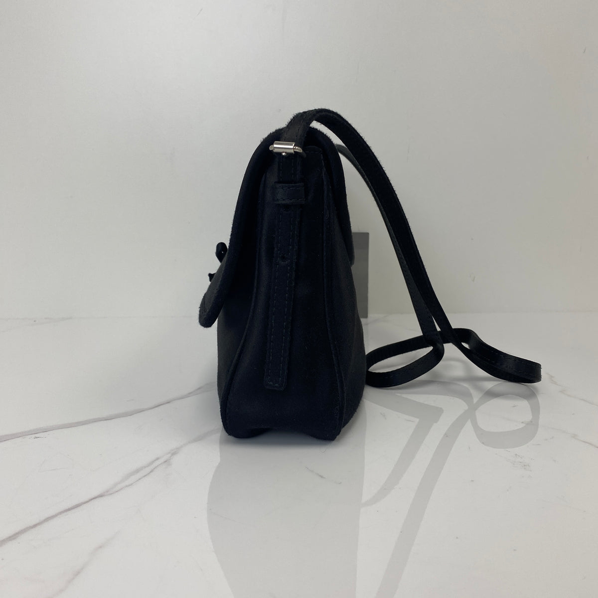 Balenciaga Leopolda Pochette Black, Black Distressed Satin, Silver Tone — detail view 2