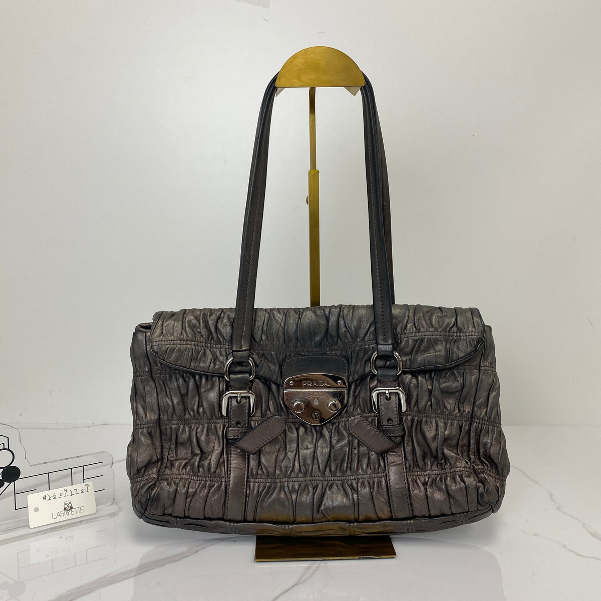 Prada Nappa Leather Shoulder Bag Grey, Grey Nappa Leather, Silver Tone — detail view 1