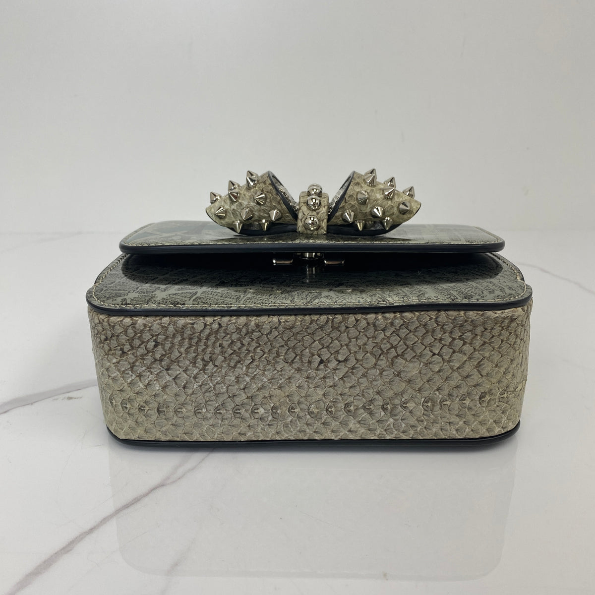 Christian Louboutin Sweet Charity Baby Paris Map Silver, Silver / Blue Patent Leather with Python Print Bow, Silver Tone — detail view 4