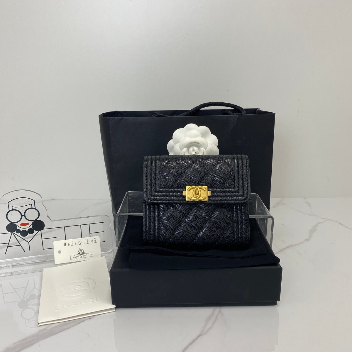 Chanel Boy Small Flap Wallet Black Grained Calfskin, Black Shiny Grained Calfskin, Gold Tone — detail view 1