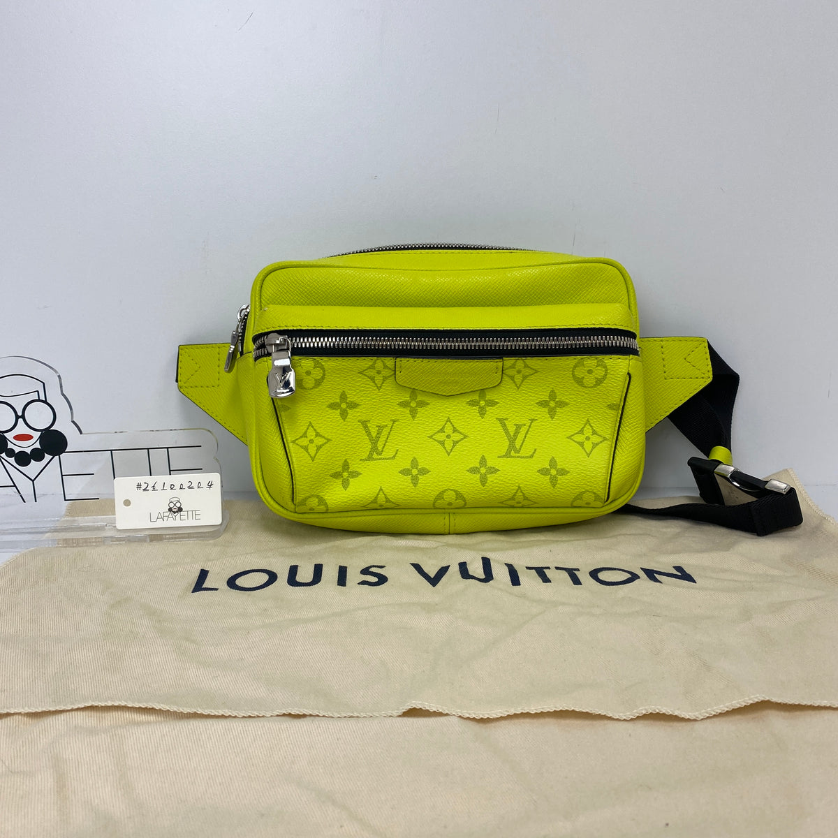 Louis Vuitton Outdoor Bumbag Monogram Taigarama Neon Yellow, Neon Yellow Monogram Coated Canvas and Taiga Leather, Silver Tone — detail view 1