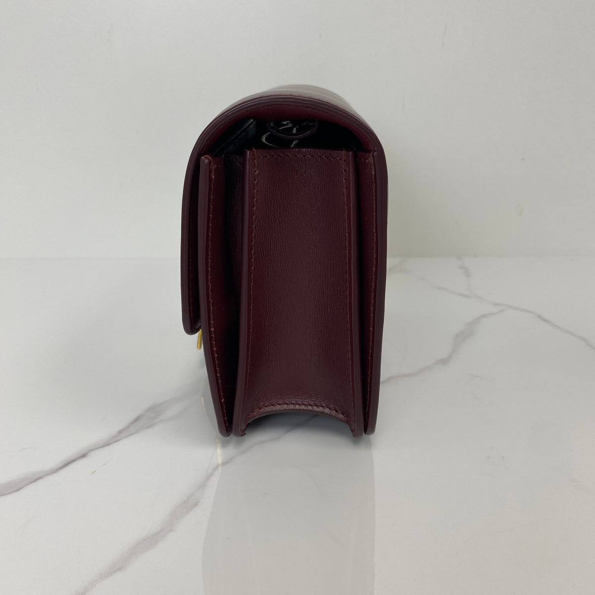 Celine Small Box, dark red calfskin, gold-tone hardware — detail view 2
