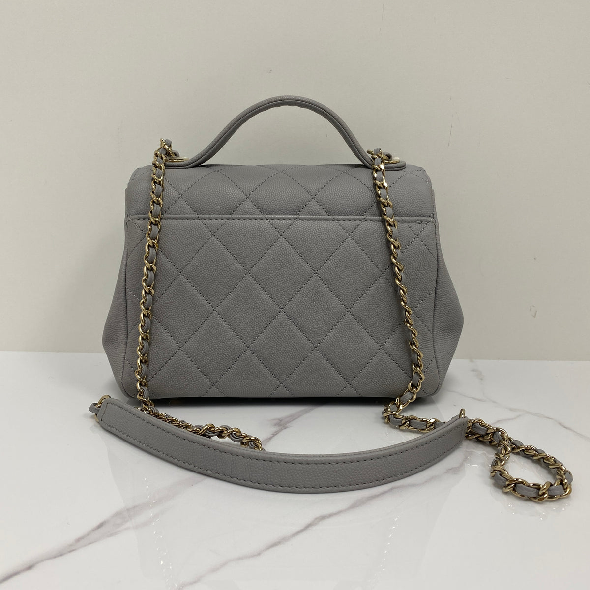 Chanel Small Business Affinity Top Handle, grey grained calfskin, gold-tone hardware — detail view 2