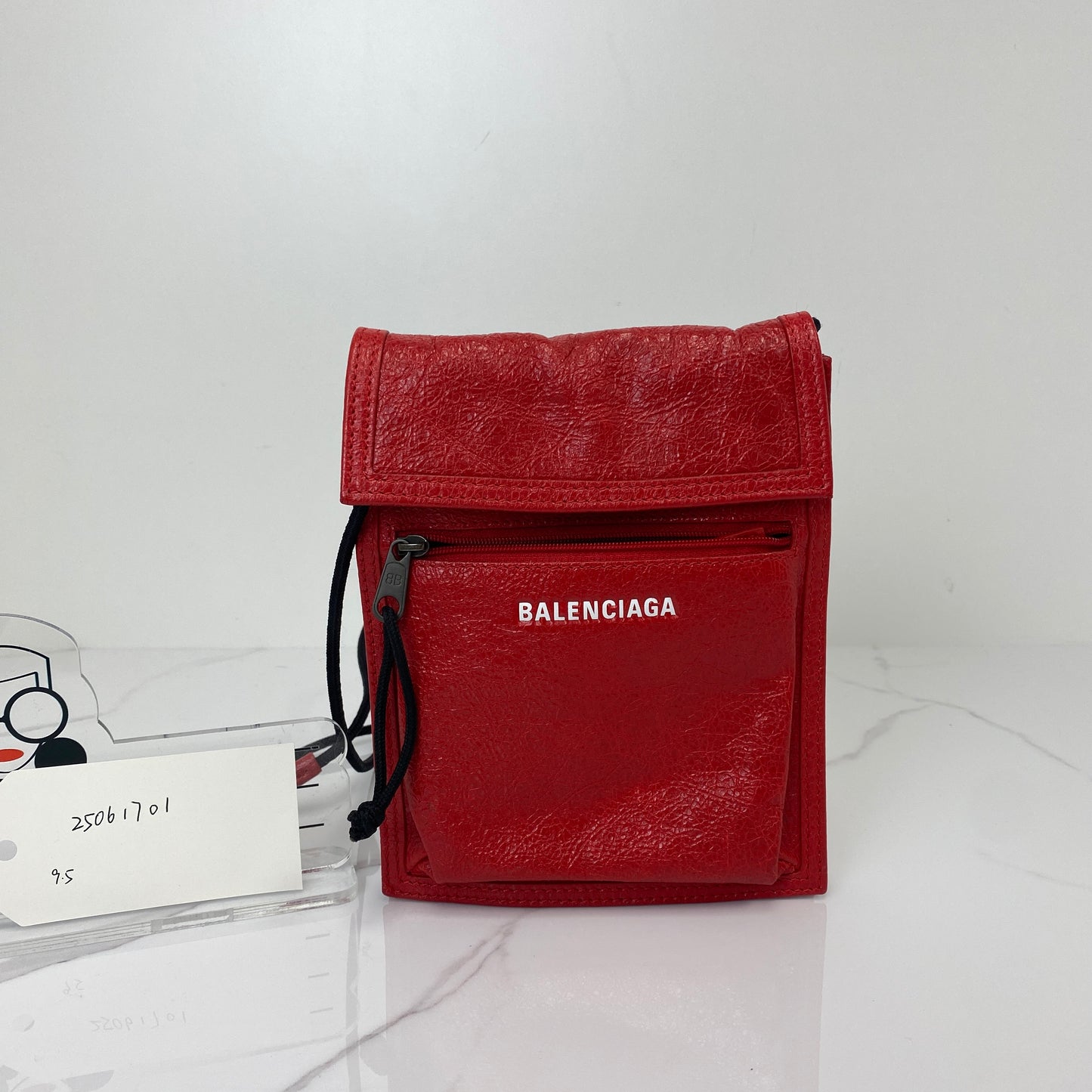 Balenciaga Small Explorer Pouch with Strap, red Arena lambskin, antique silver-tone hardware — detail view 1