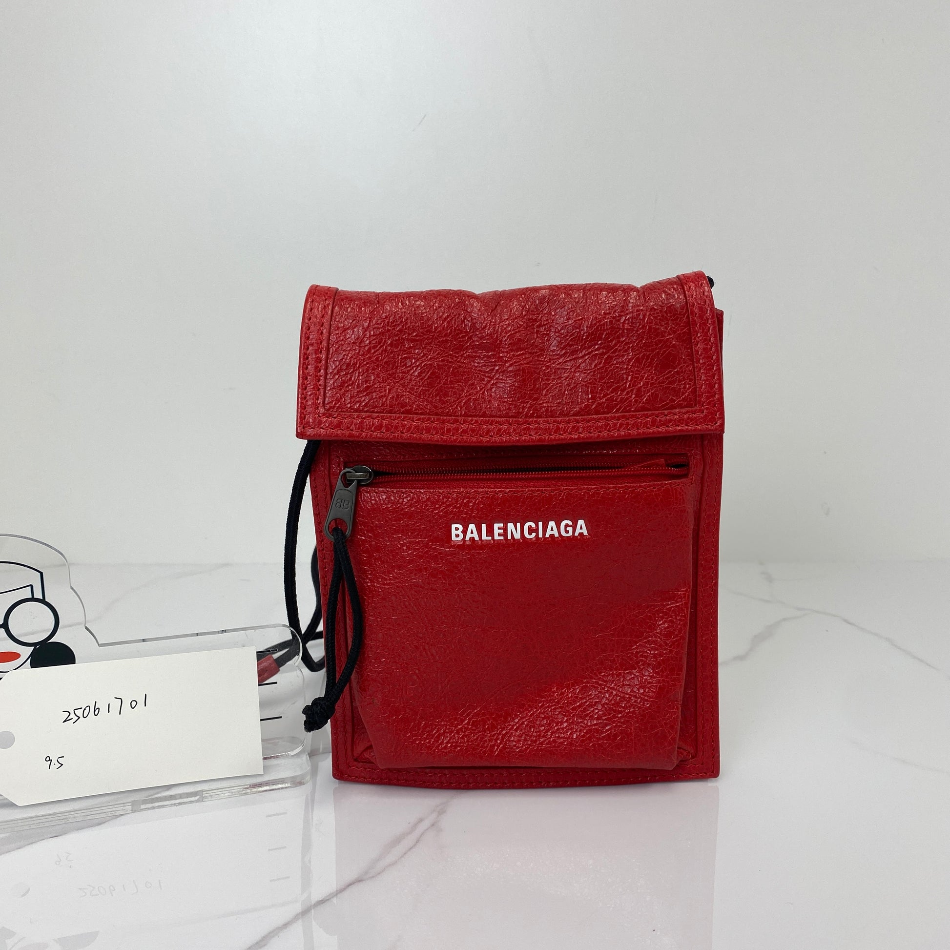 Balenciaga Small Explorer Pouch with Strap, red Arena lambskin, antique silver-tone hardware — detail view 1