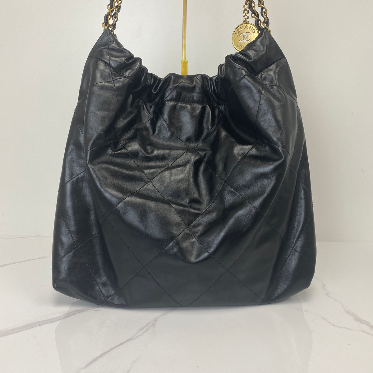 Chanel Small 22 Bag Black Shiny Calfskin, Black Shiny Calfskin, Gold Tone — detail view 3