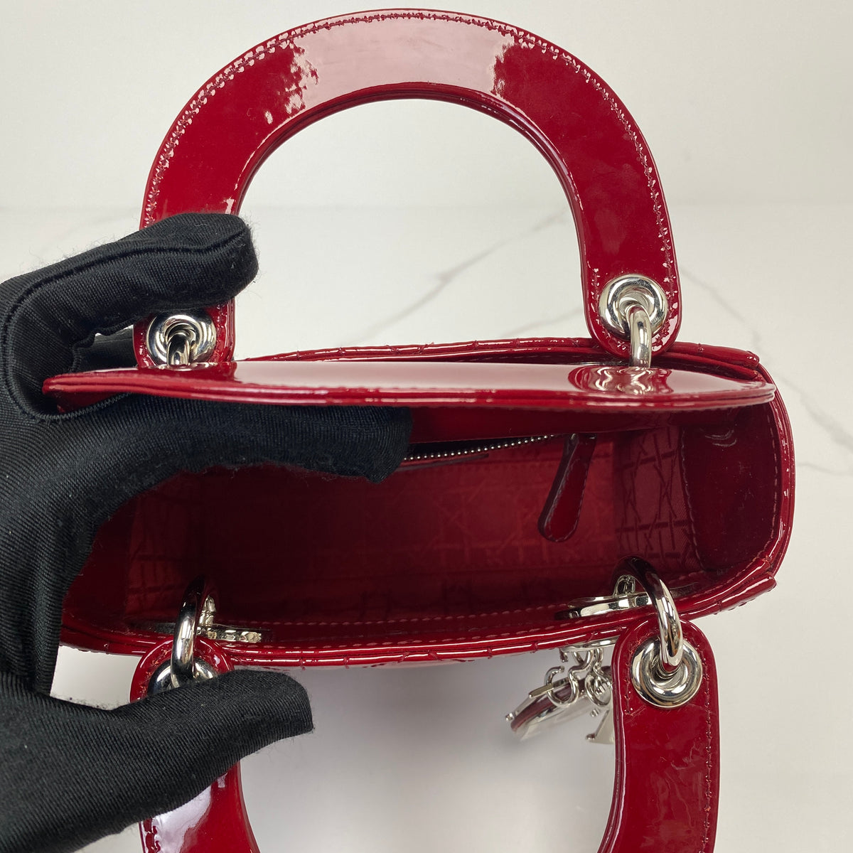 Christian Dior Mini Lady Dior Bag, cherry red patent Cannage calfskin, silver-tone hardware — detail view 5