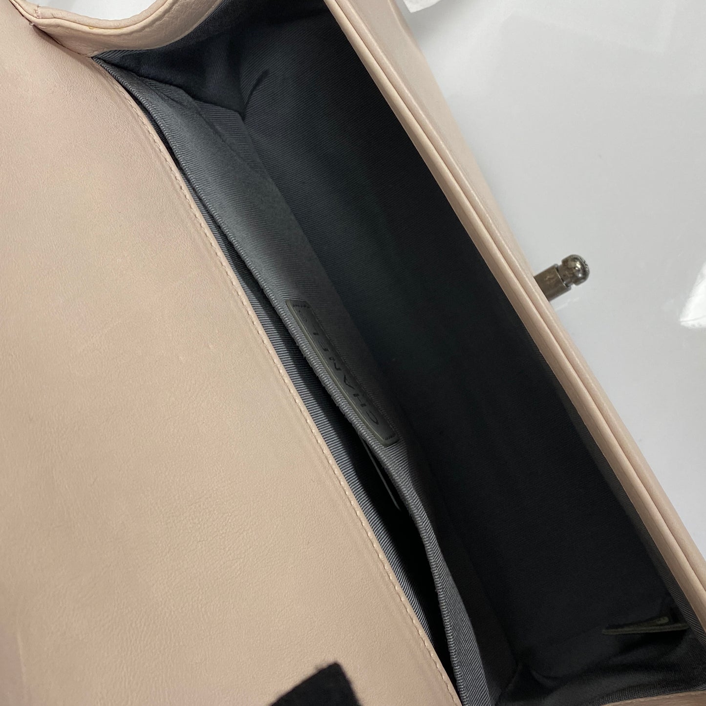 Chanel Boy Bag shown with its box, dustbag and ID card
