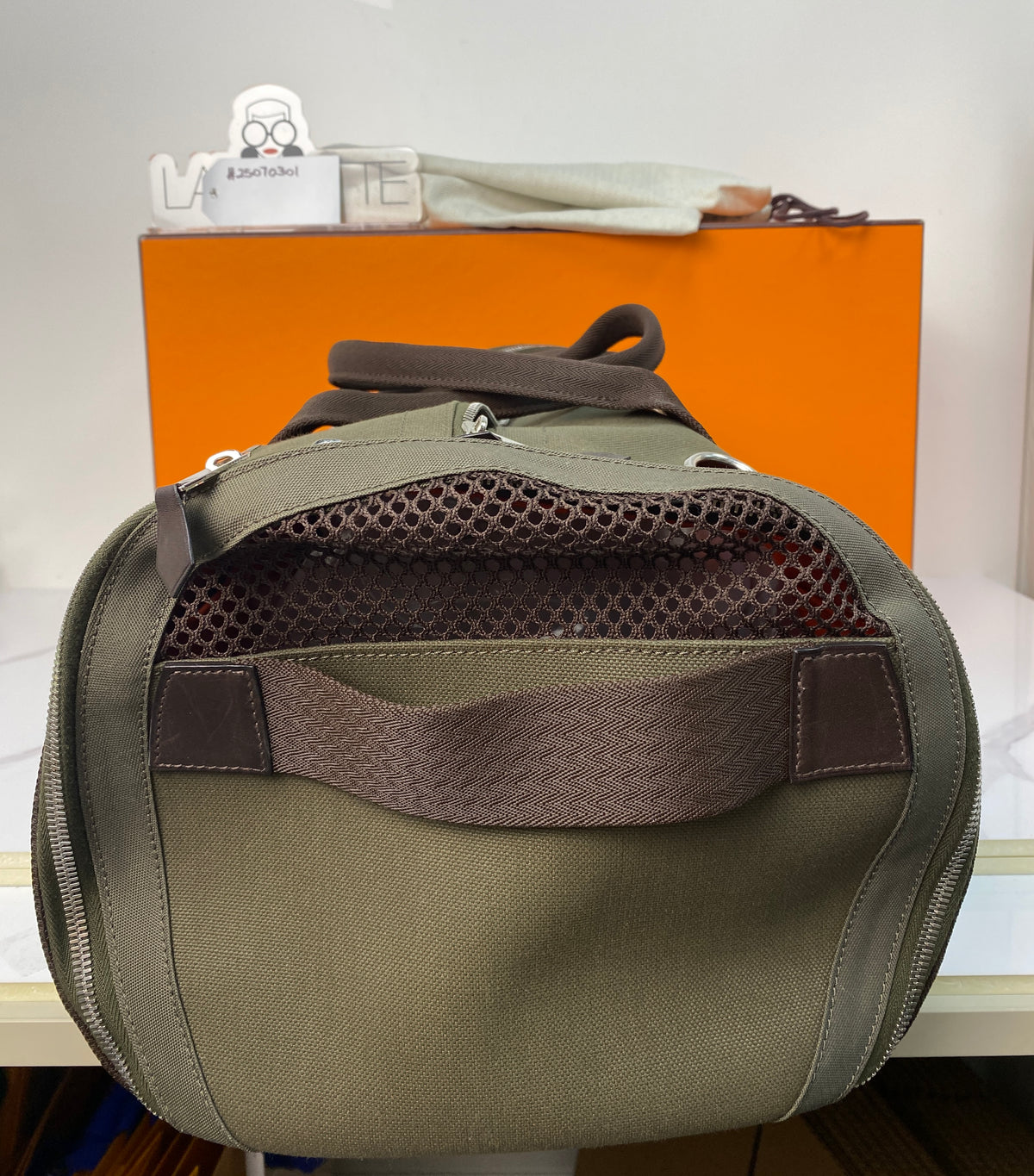 Hermès Carrying Bag for Dog, khaki and feu technical canvas, palladium hardware — detail view 3