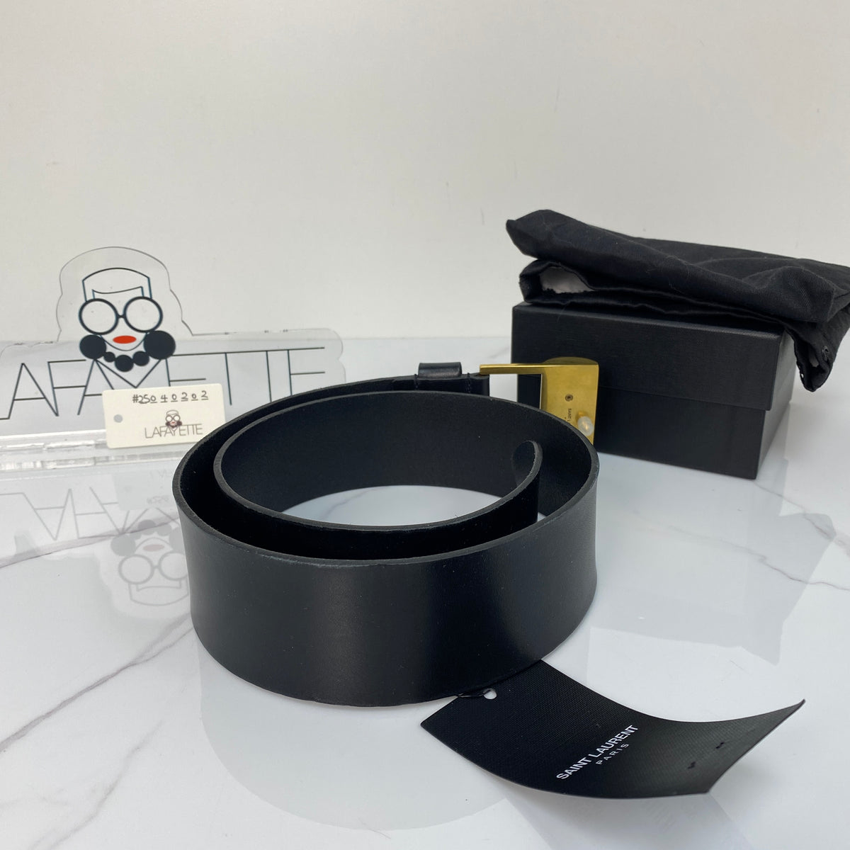 Saint Laurent Belt, black calfskin, antique gold-tone buckle — detail view 3