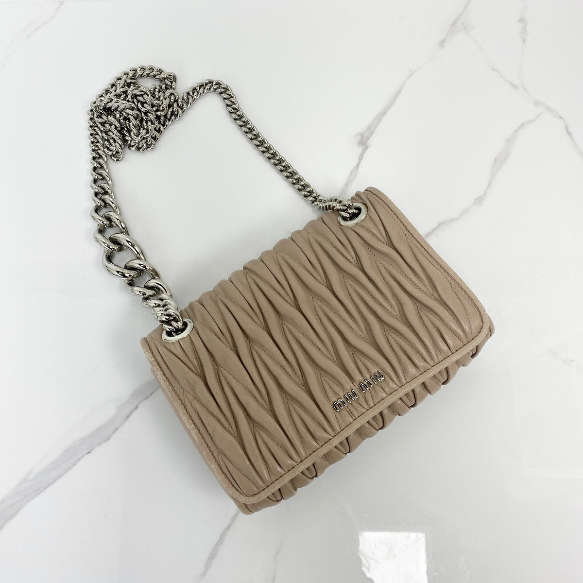Miu Miu Nappa Matelasse Chain Bag, nude pink matelassé nappa lambskin, silver-tone chain — front view