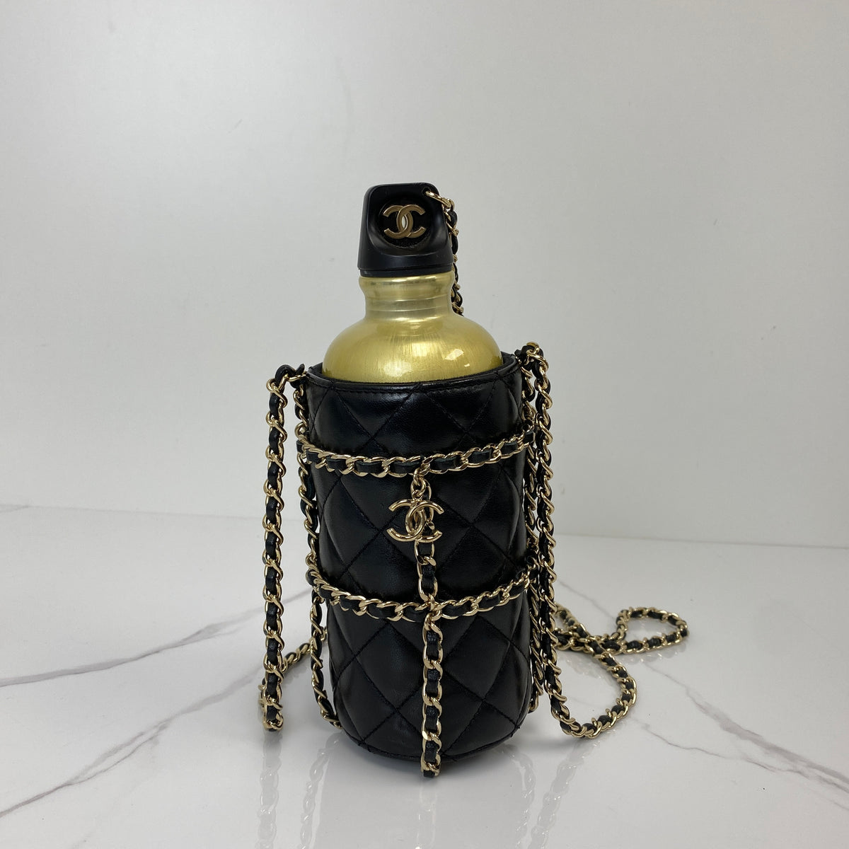 Chanel 2019 CC Water Bottle with Chain, black quilted lambskin, gold-tone chain — detail view 2