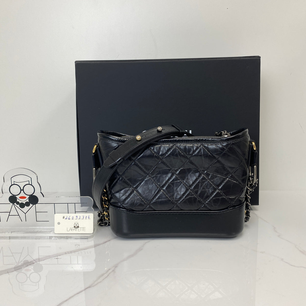 Chanel Small Gabrielle Hobo Bag Black Aged Calfskin, Black Aged Calfskin, Mixed Gold and Silver Tone — detail view 1