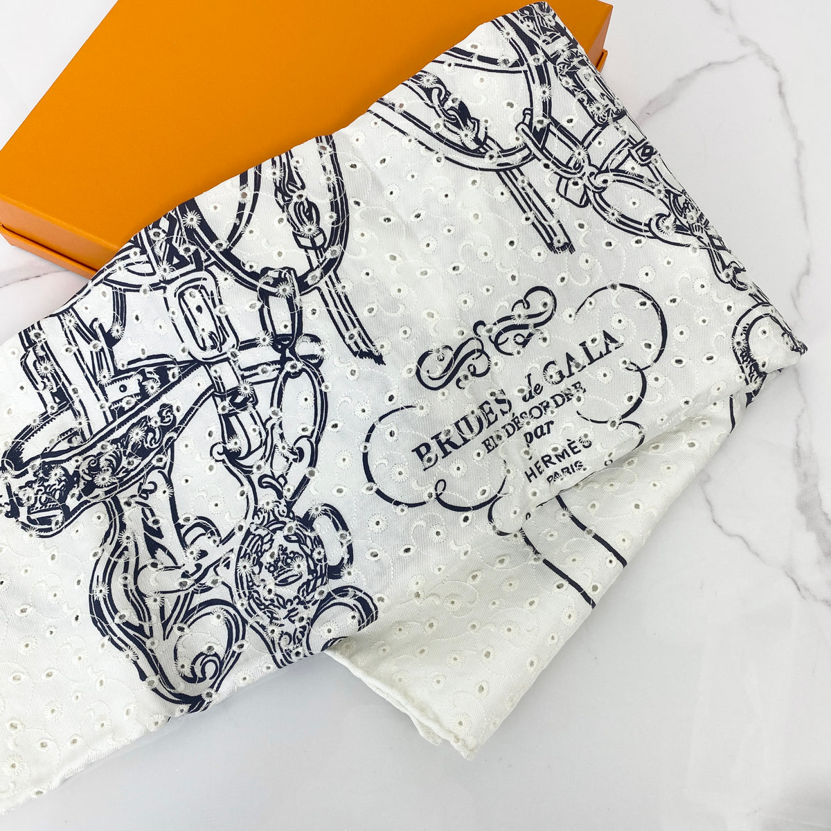 Hermès Brides de Gala Broderie Anglaise Scarf 70 in Blanc/Noir silk