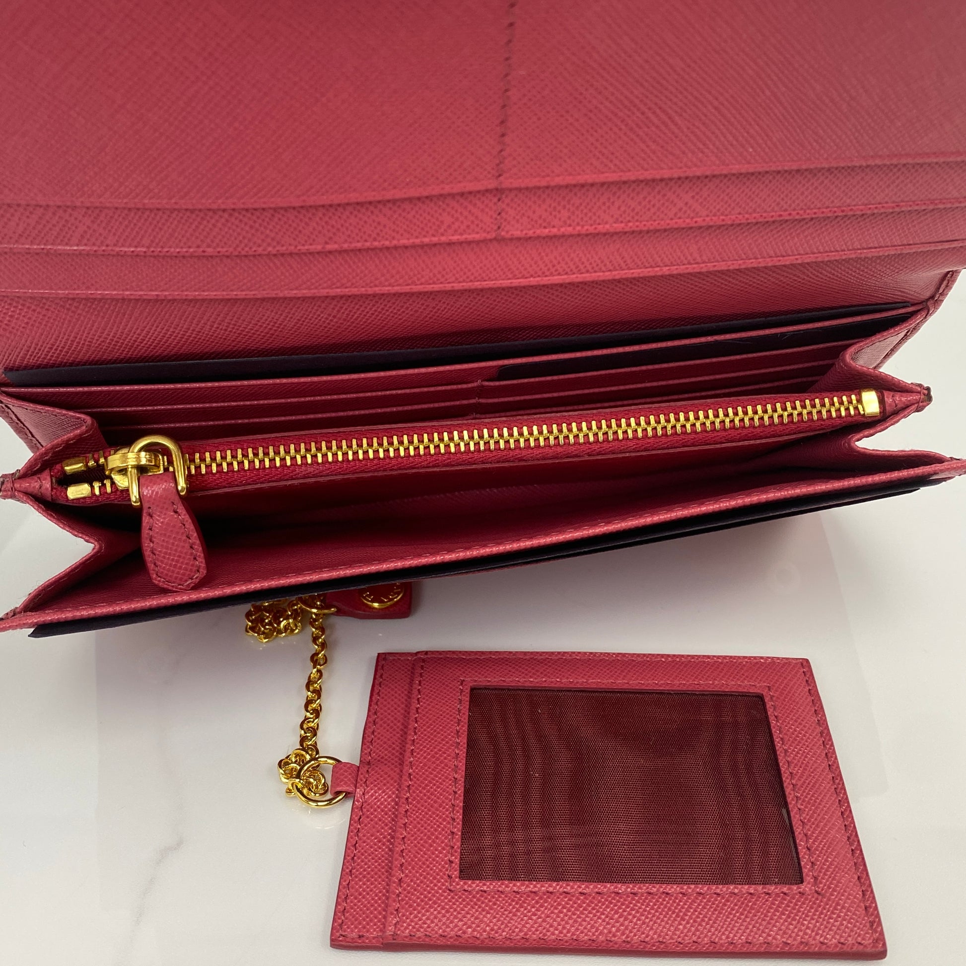 Prada Saffiano Lux Leather Wallet, pink Saffiano calfskin, gold-tone hardware — detail view 5