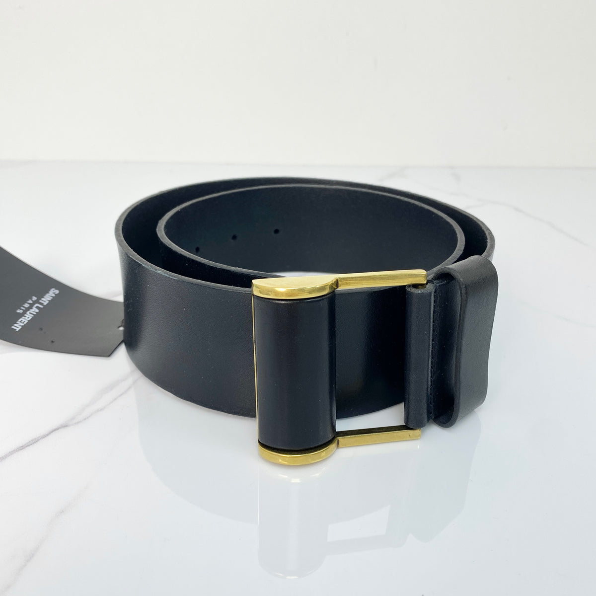 Saint Laurent Belt, black calfskin, antique gold-tone buckle — front view